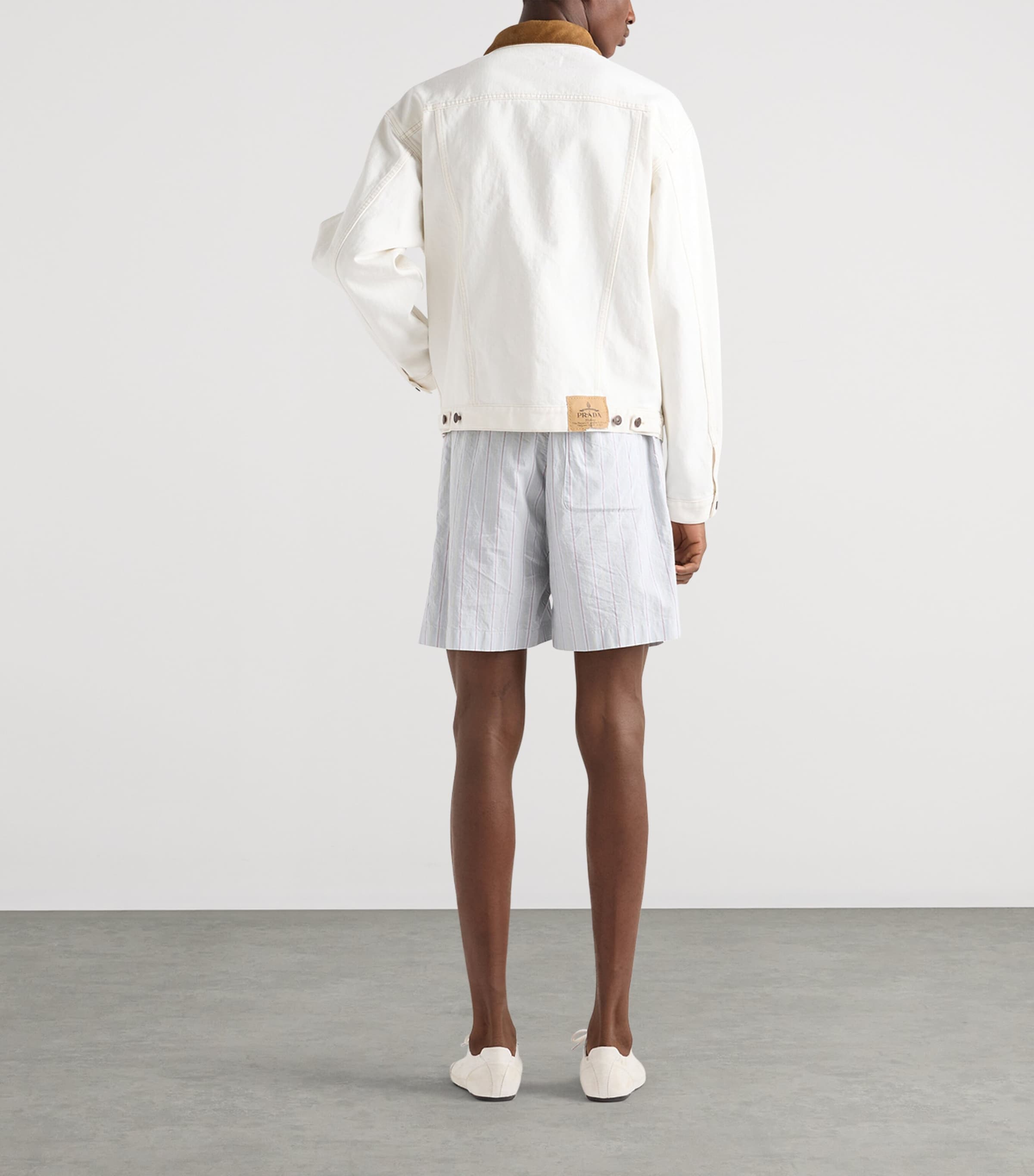 Prada Mens Leather-Collar Denim Jacket White Image 5