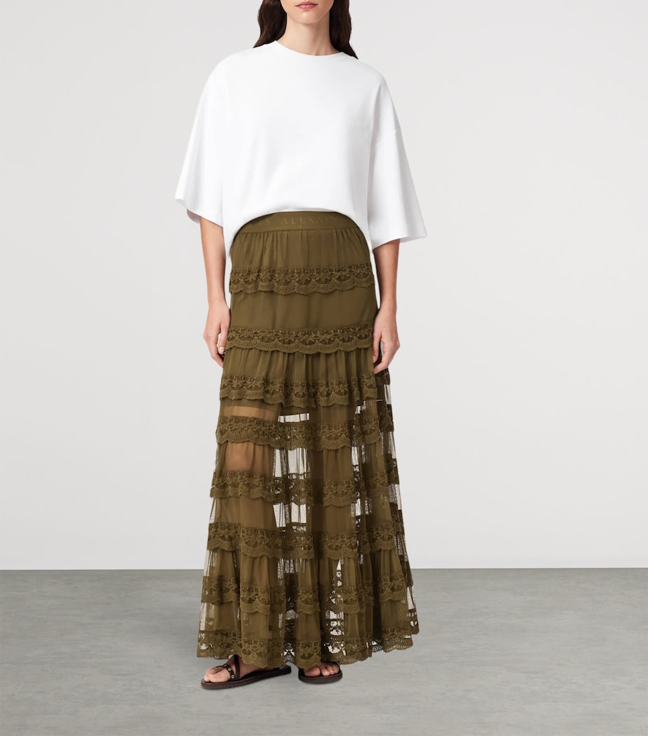 AllSaints Womens Lace Tiered Maggie Maxi Skirt Olive Khaki Green Image 2