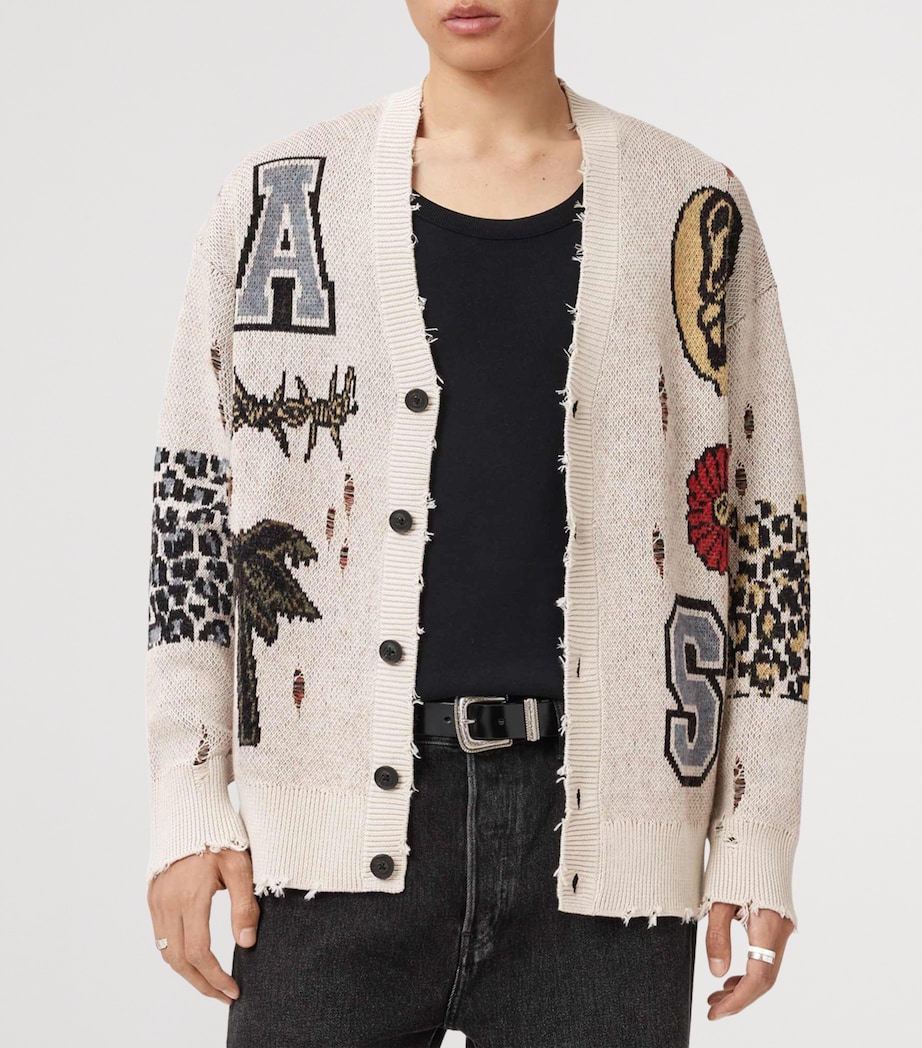AllSaints Mens Organic Cotton-Blend Distressed Foxx Cardigan Ecru White Image 3