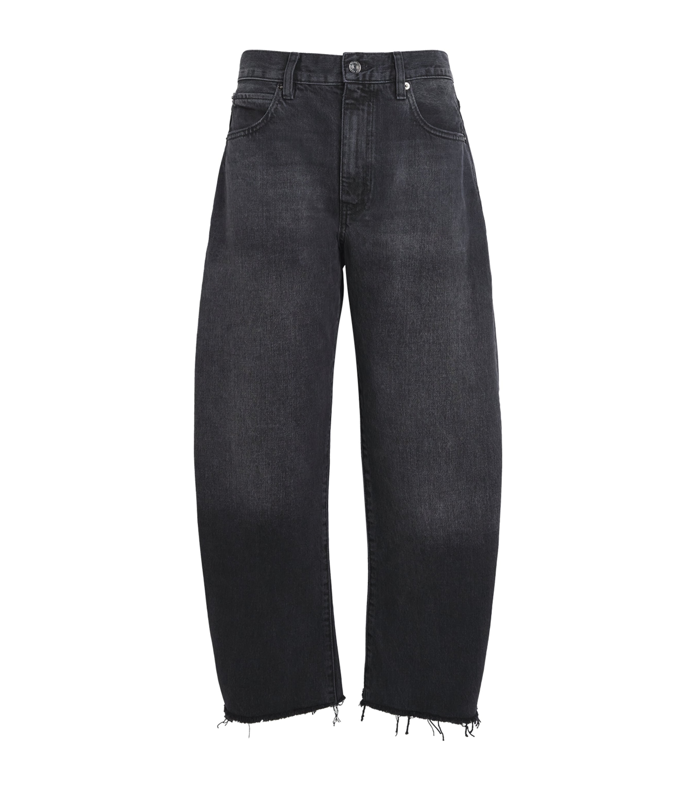 Frame The Bubble Cropped Frayed High-rise Barrel-leg Jeans In Black