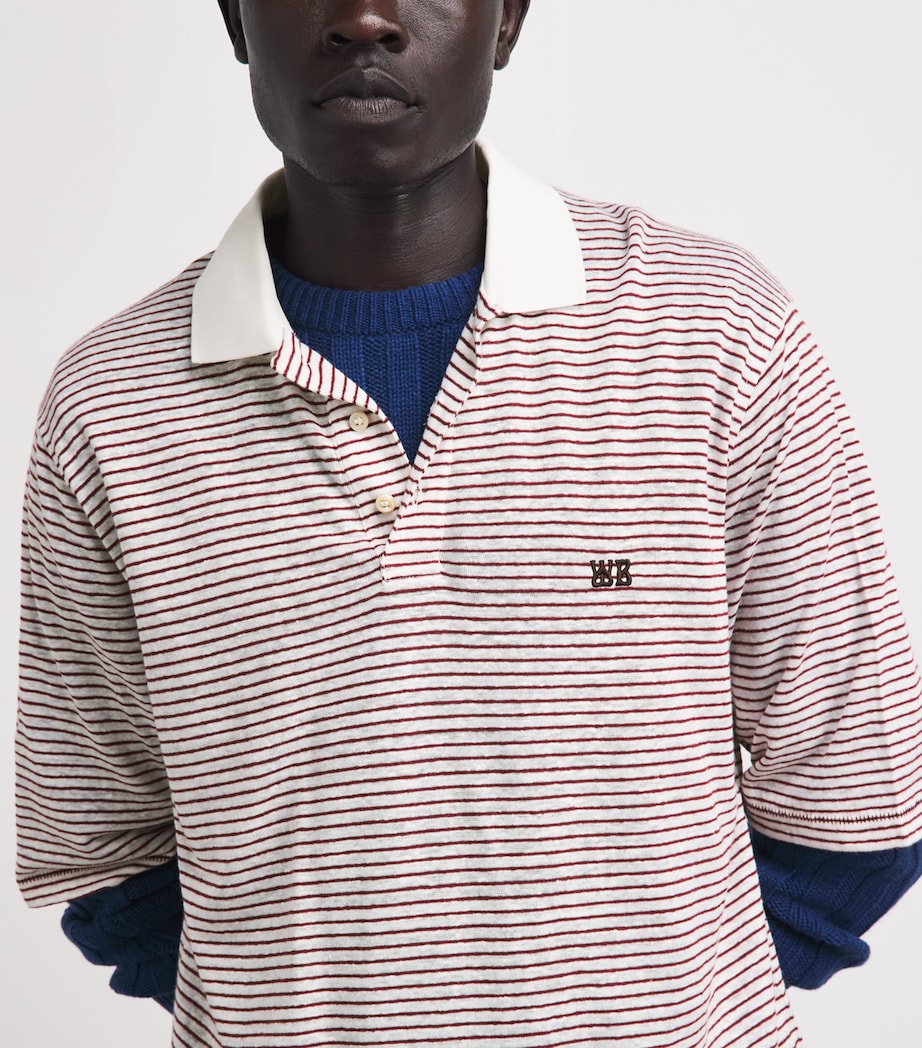 Wales Bonner Mens Linen-Cotton Stripe Bask Polo Shirt Ivory / Wine Image 3