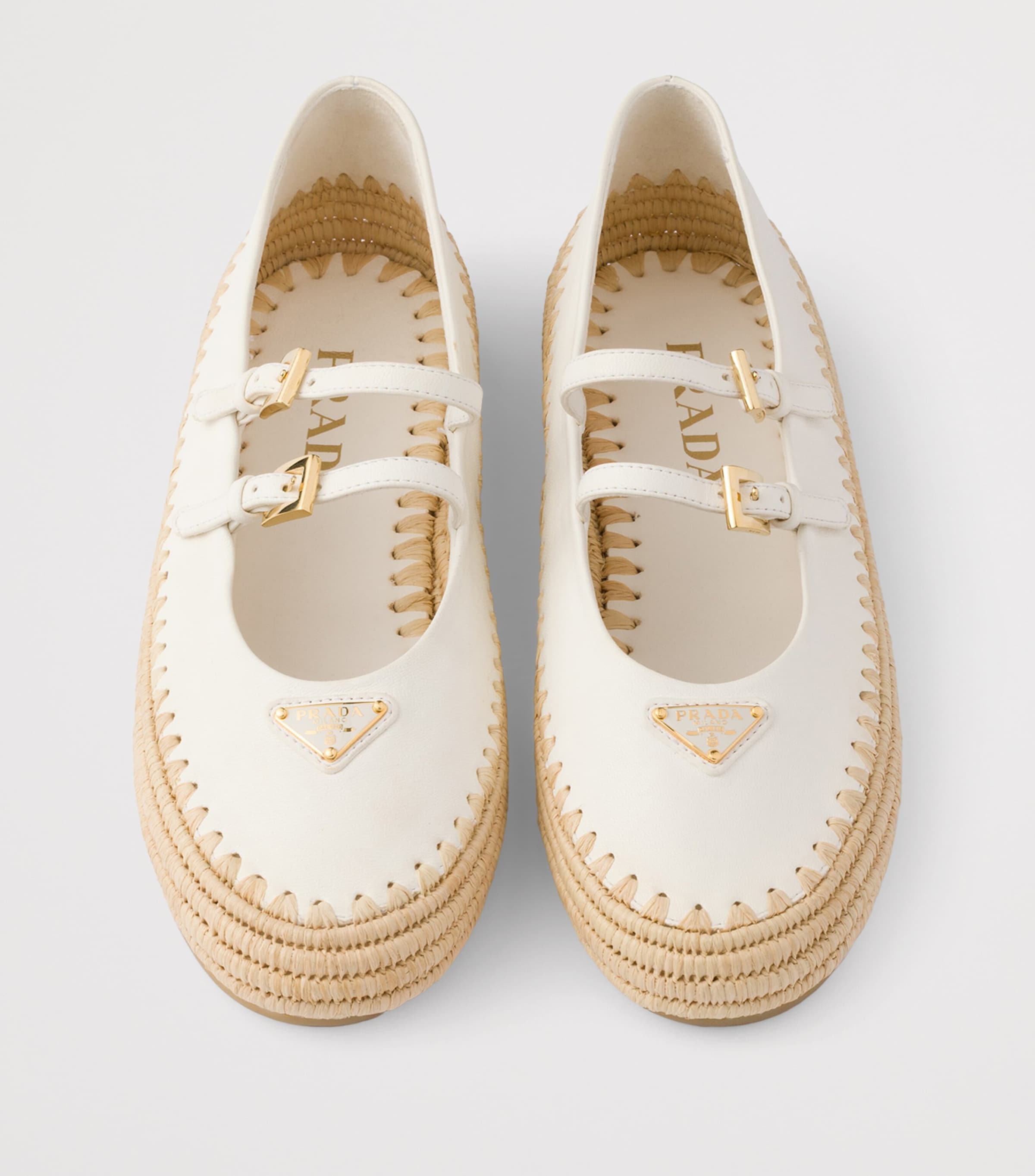 Prada Leather and Raffia Ballet Flats Neutral Image 3