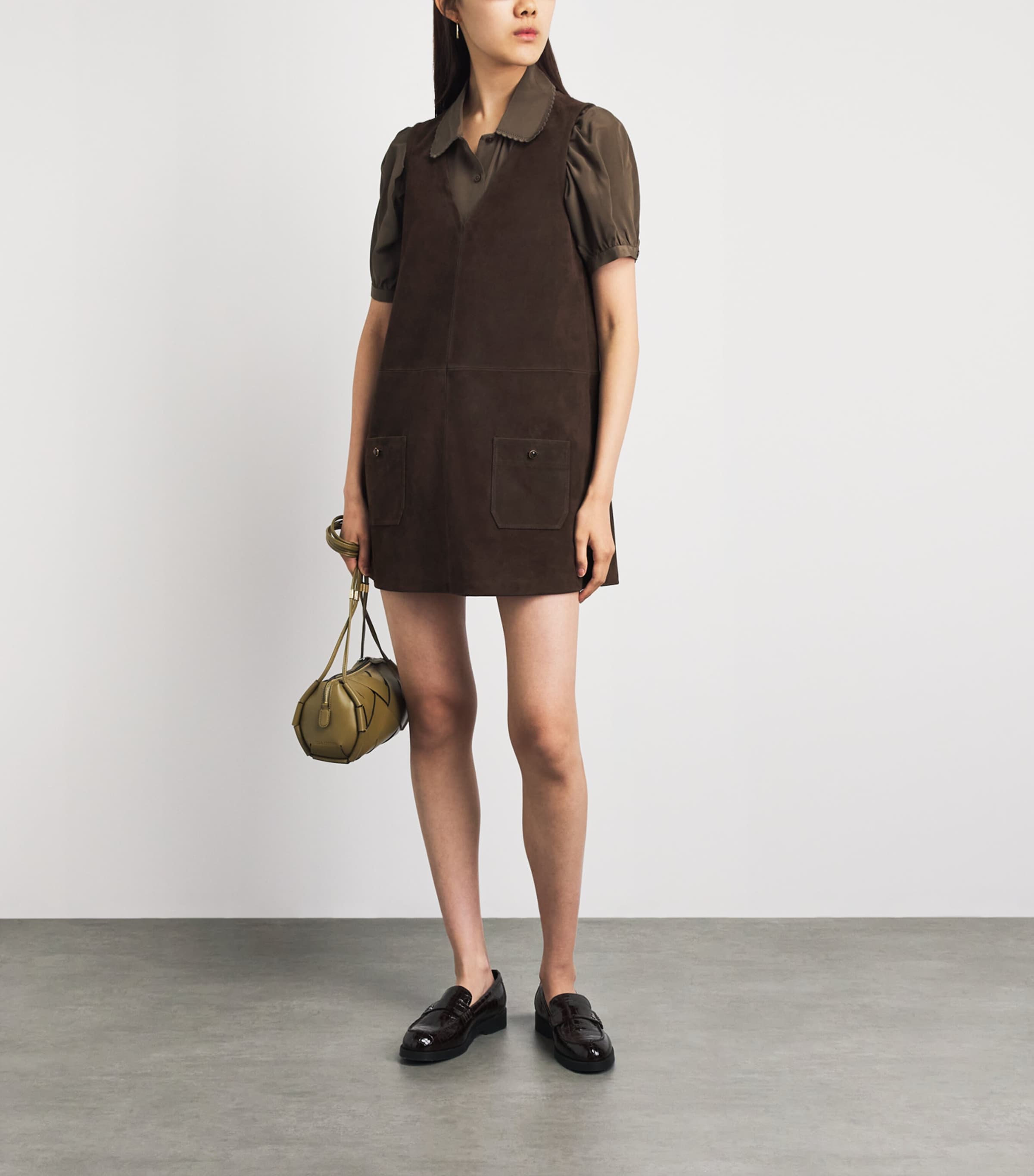 FRAME Womens Suede Safari Tent Mini Dress Dark Brown Image 2