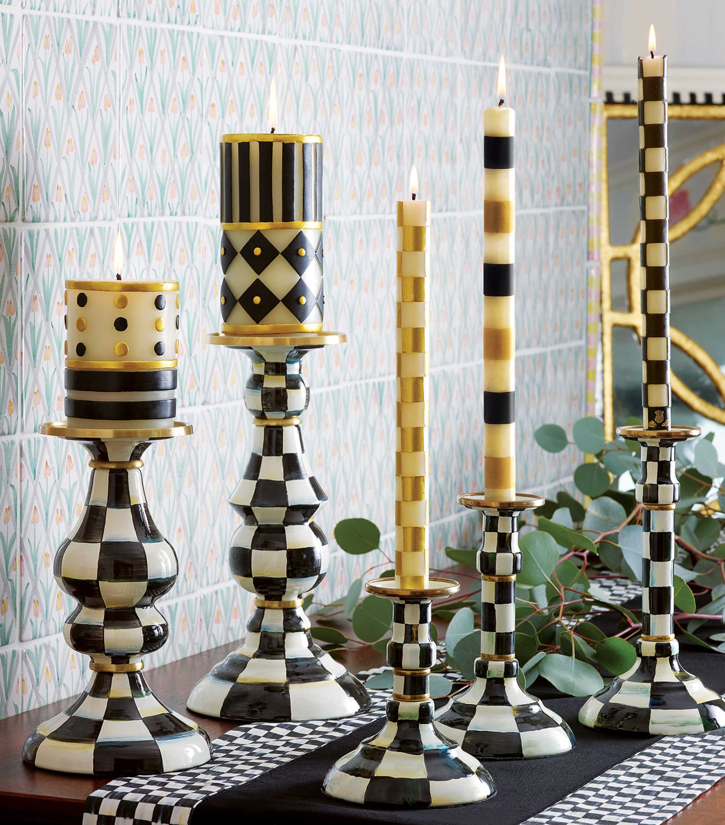 Large Courtly Check Pillar Candlestick (29cm) BLACK Image 2