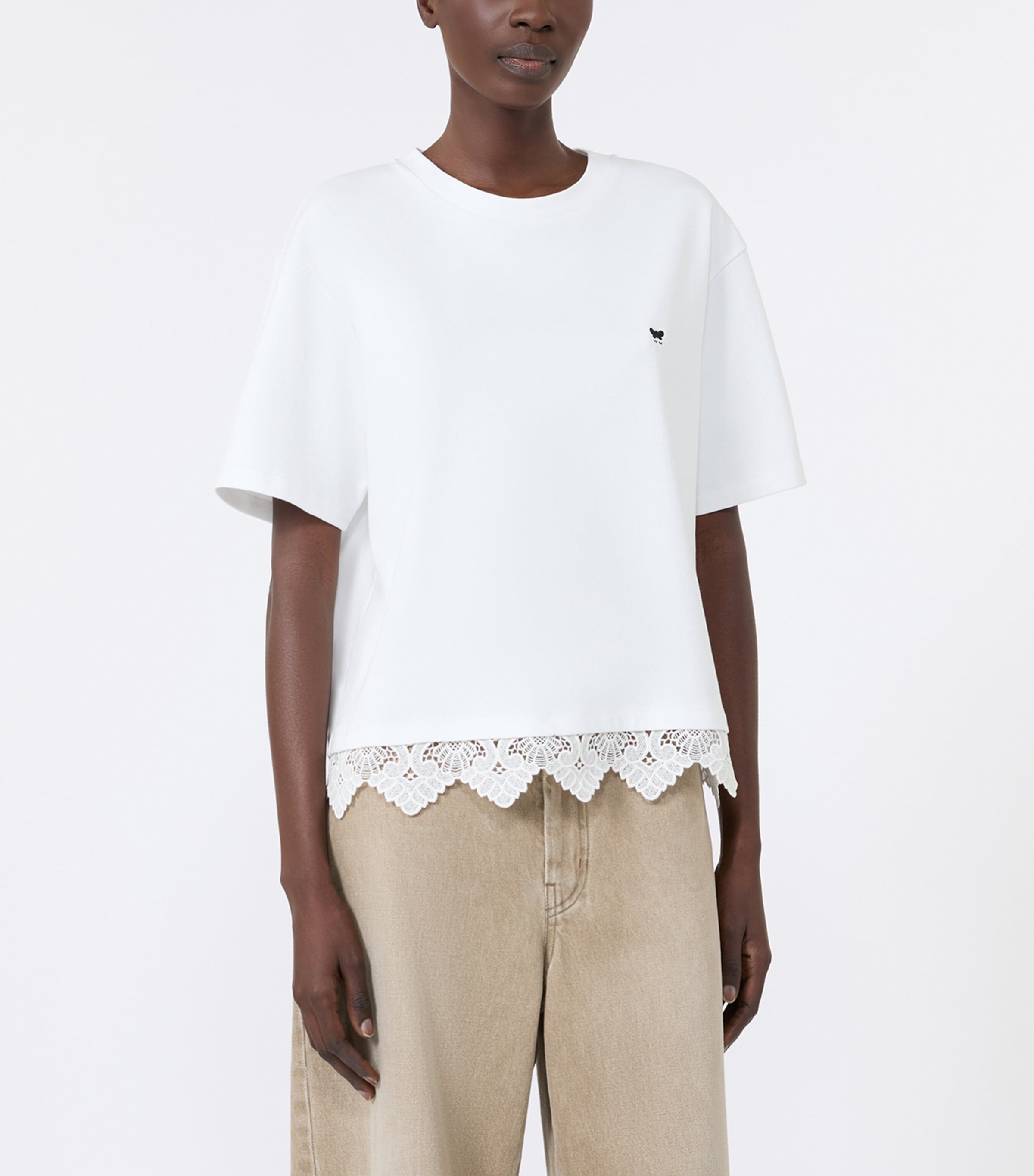 Weekend Max Mara Womens Cotton Lace-Hem T-Shirt White Image 2