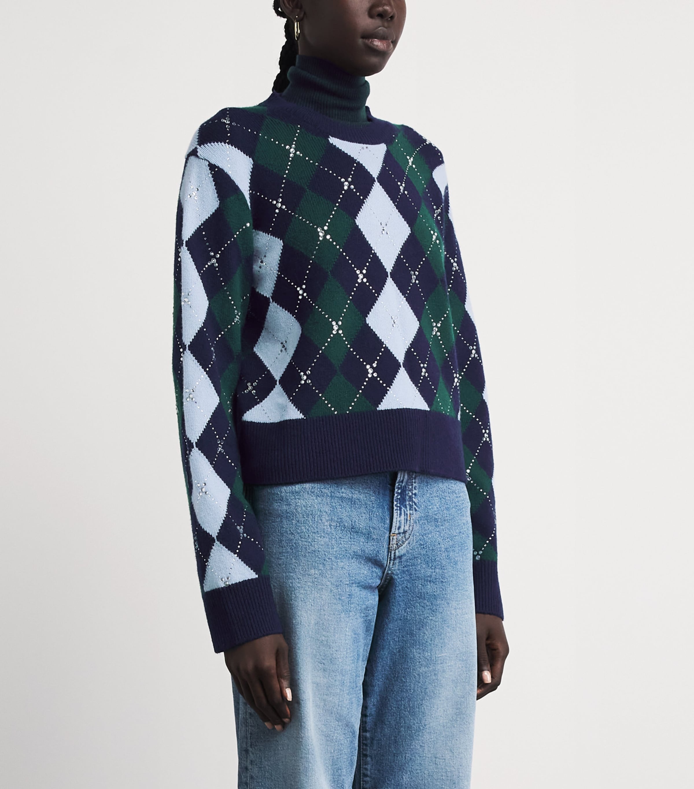 Maje Womens Wool Argyle Sweater Navy/green Image 4
