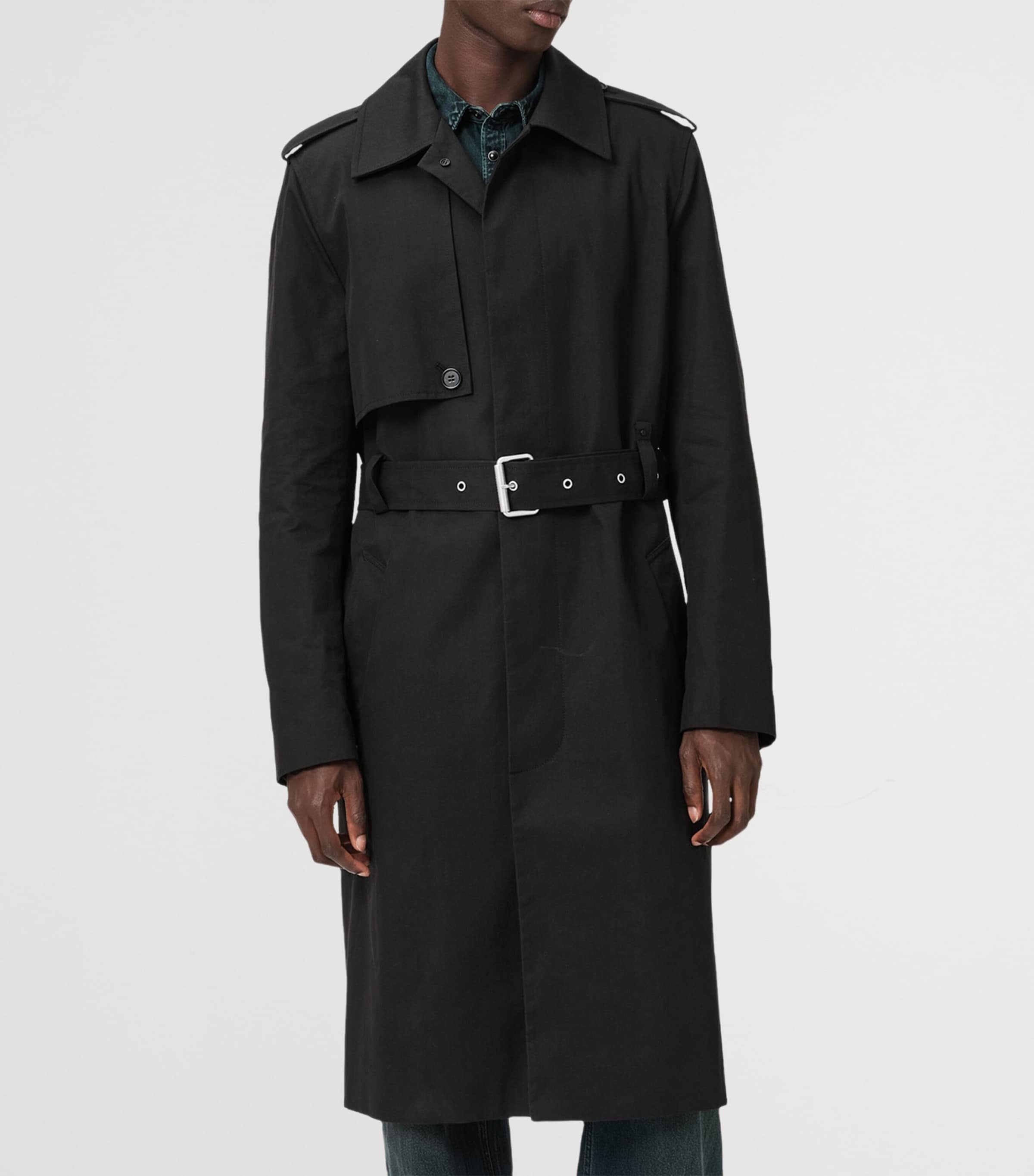 AllSaints Mens Cotton-Blend Bastille Trench Coat Black Image 5