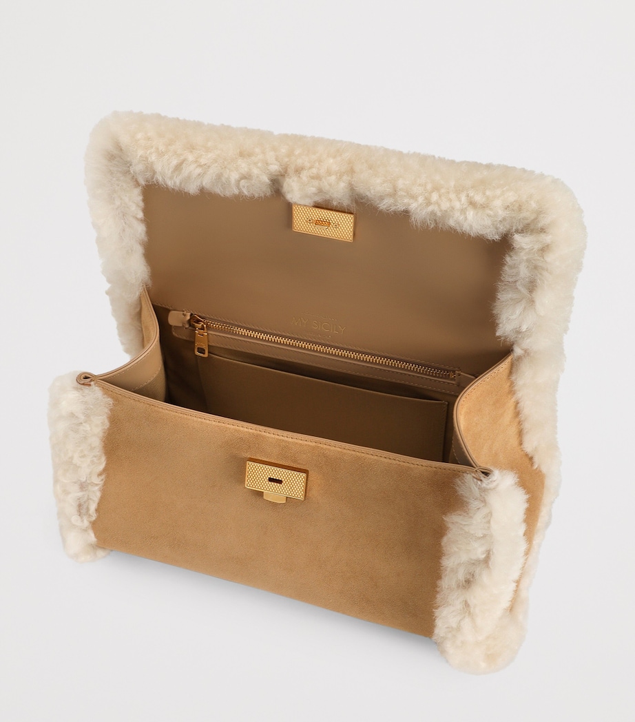 Calfskin Fur-Trim My Sicily Top-Handle Bag 8L798-CAMMELLO/NUDO Image 6