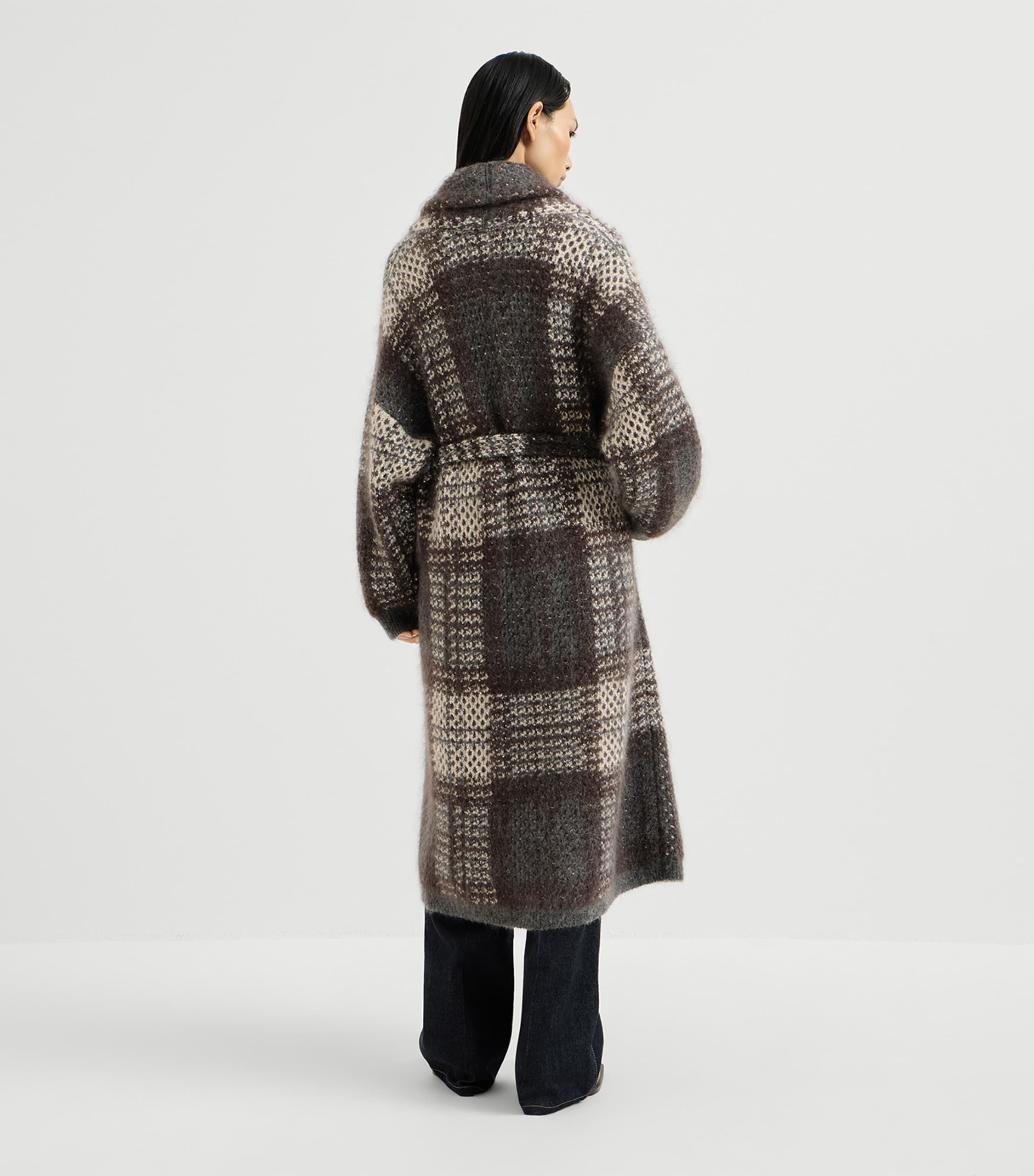 Brunello Cucinelli Womens Tartan Longline Coat Beige+grey Image 5