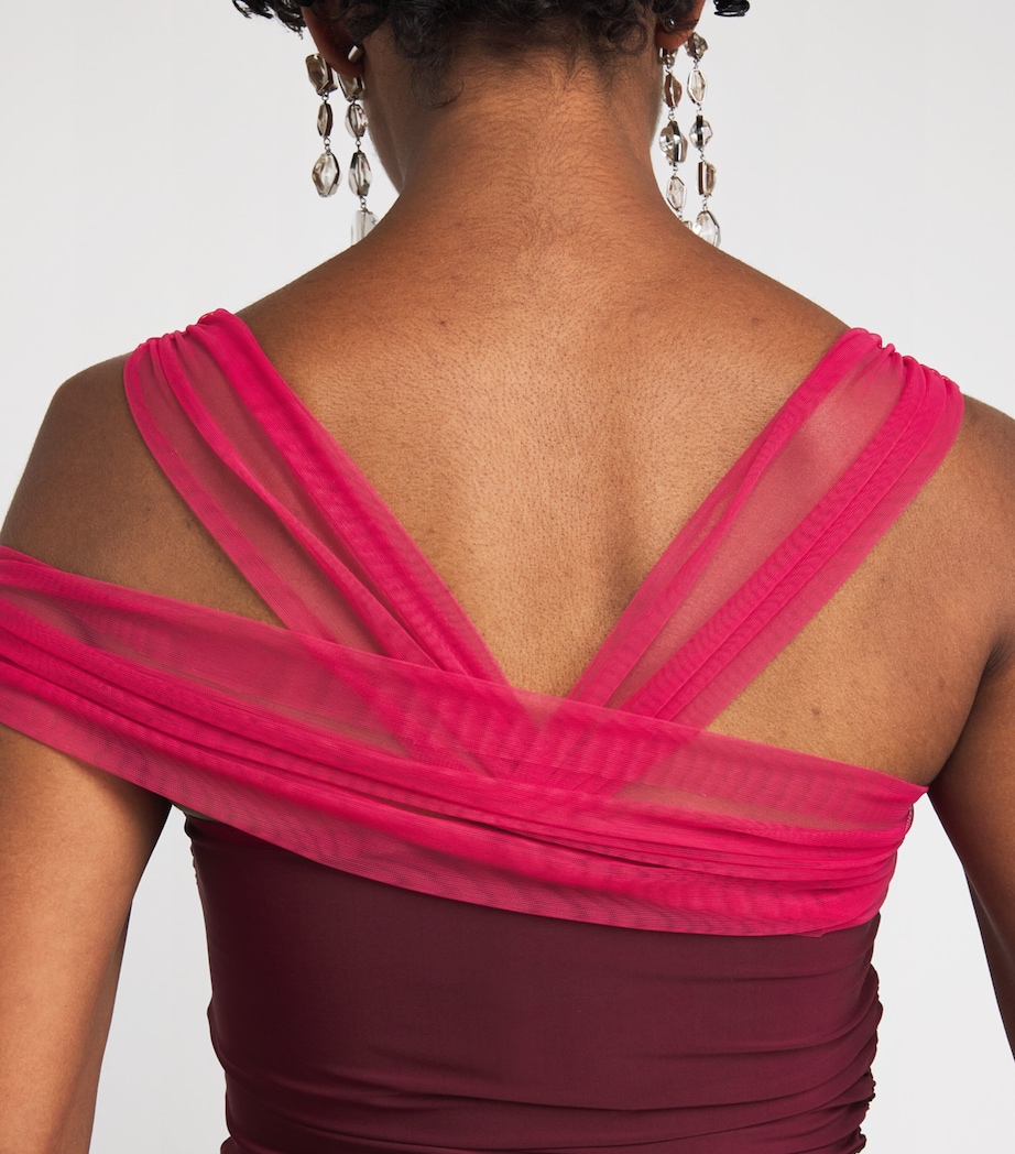 Tulle-Trim Ruched Midi Dress BURGUNDY / FUCHSIA Image 4