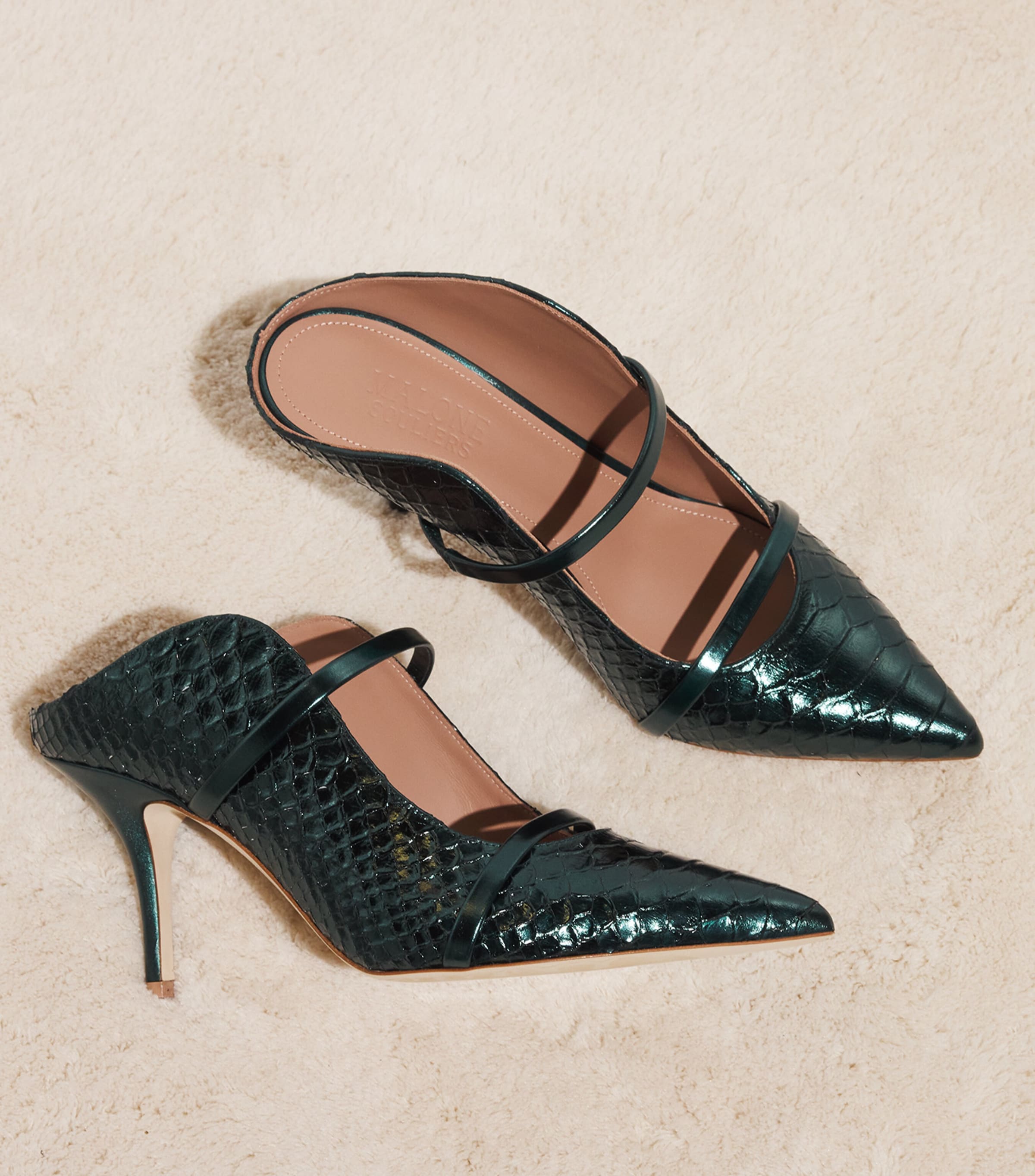 Croc-Embossed Leather Maureen Heeled Mules 70 DARK GREEN Image 7