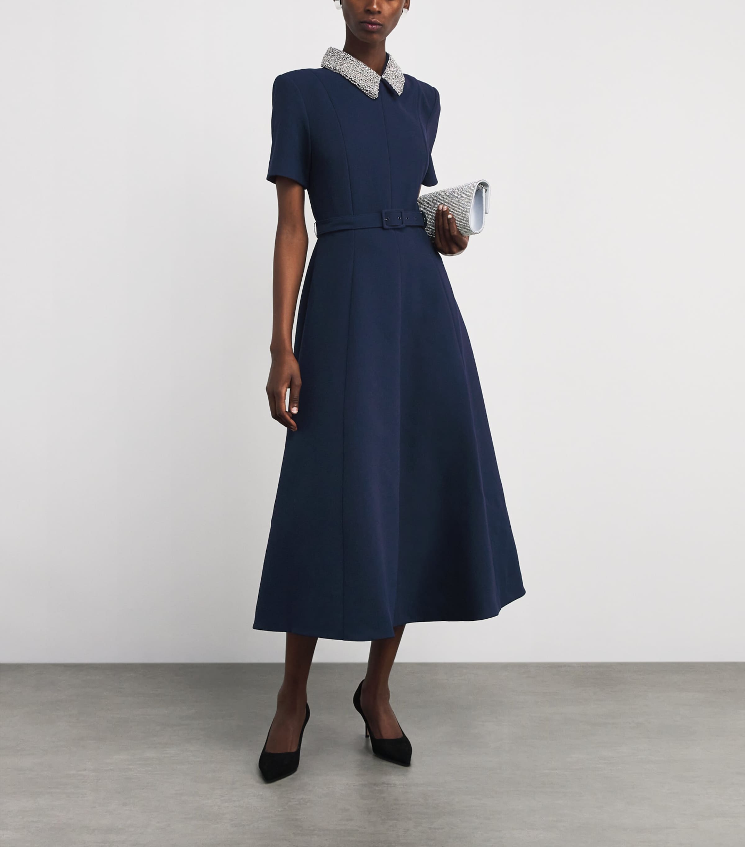 Embellished-Collar Xena Midi Dress NAVY Image 2
