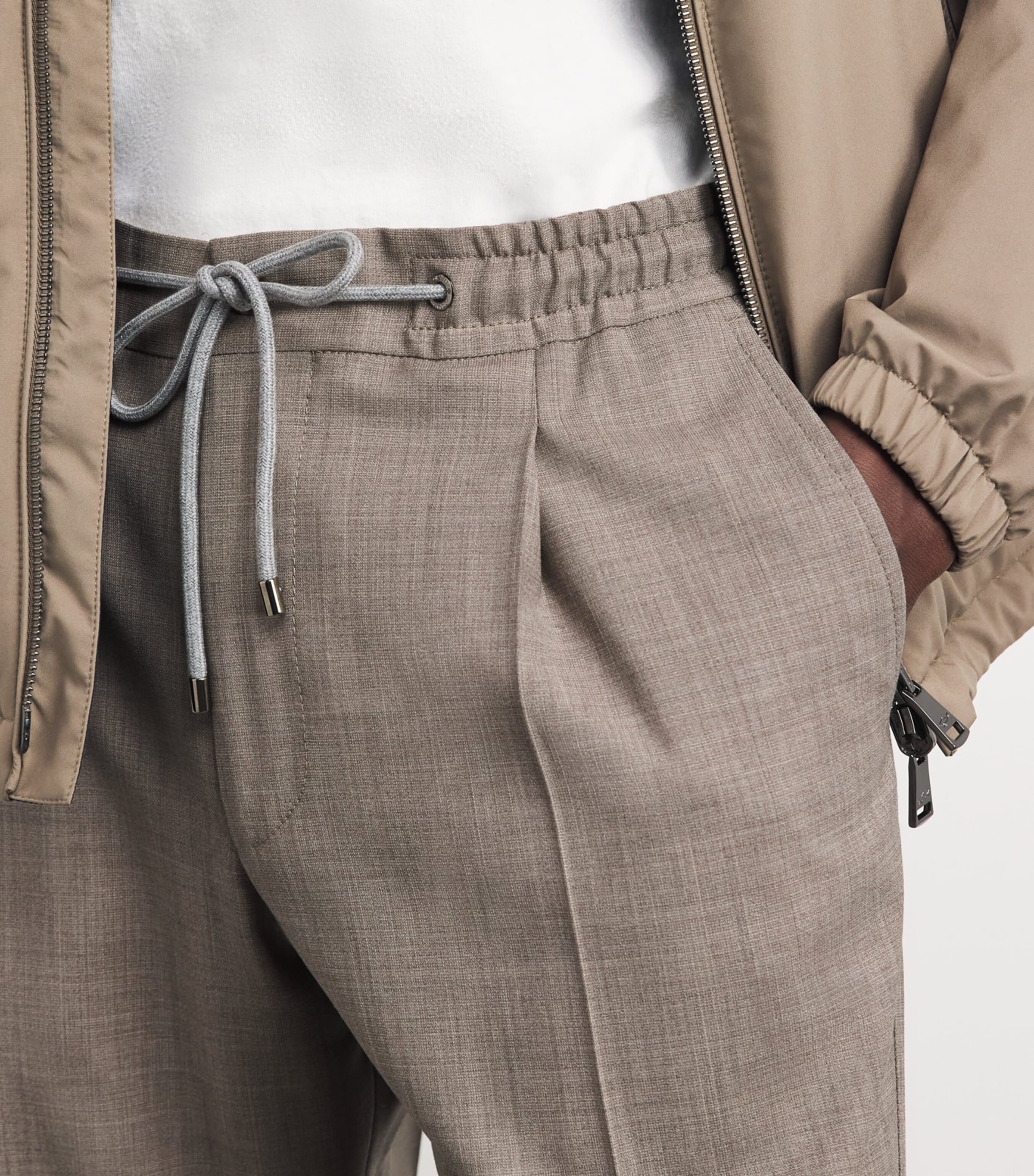 Corneliani Mens Stretch-Virgin Wool Drawstring Trousers Natural / Beige Image 3