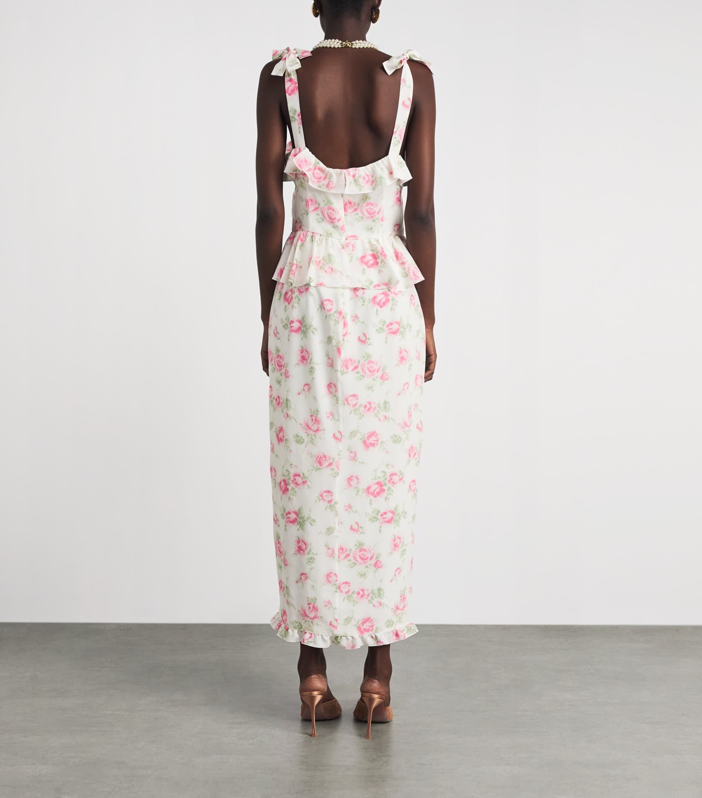Alessandra Rich Womens Silk Floral Ruffled Midi Dress Pink White Image 4