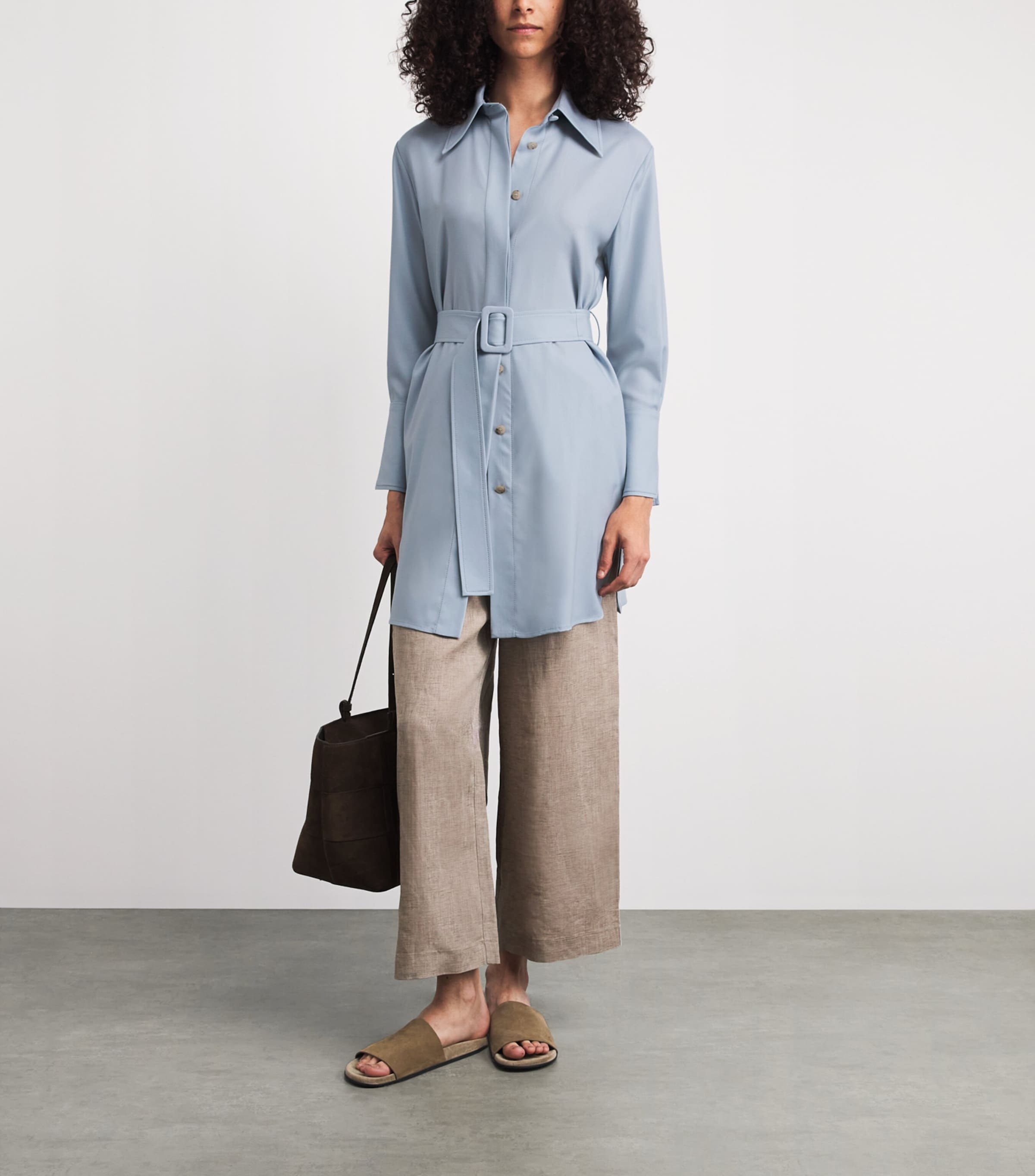 Colombo Womens Cashmere Oversized Belted Shirt Flower Print Blue Sky Image 2