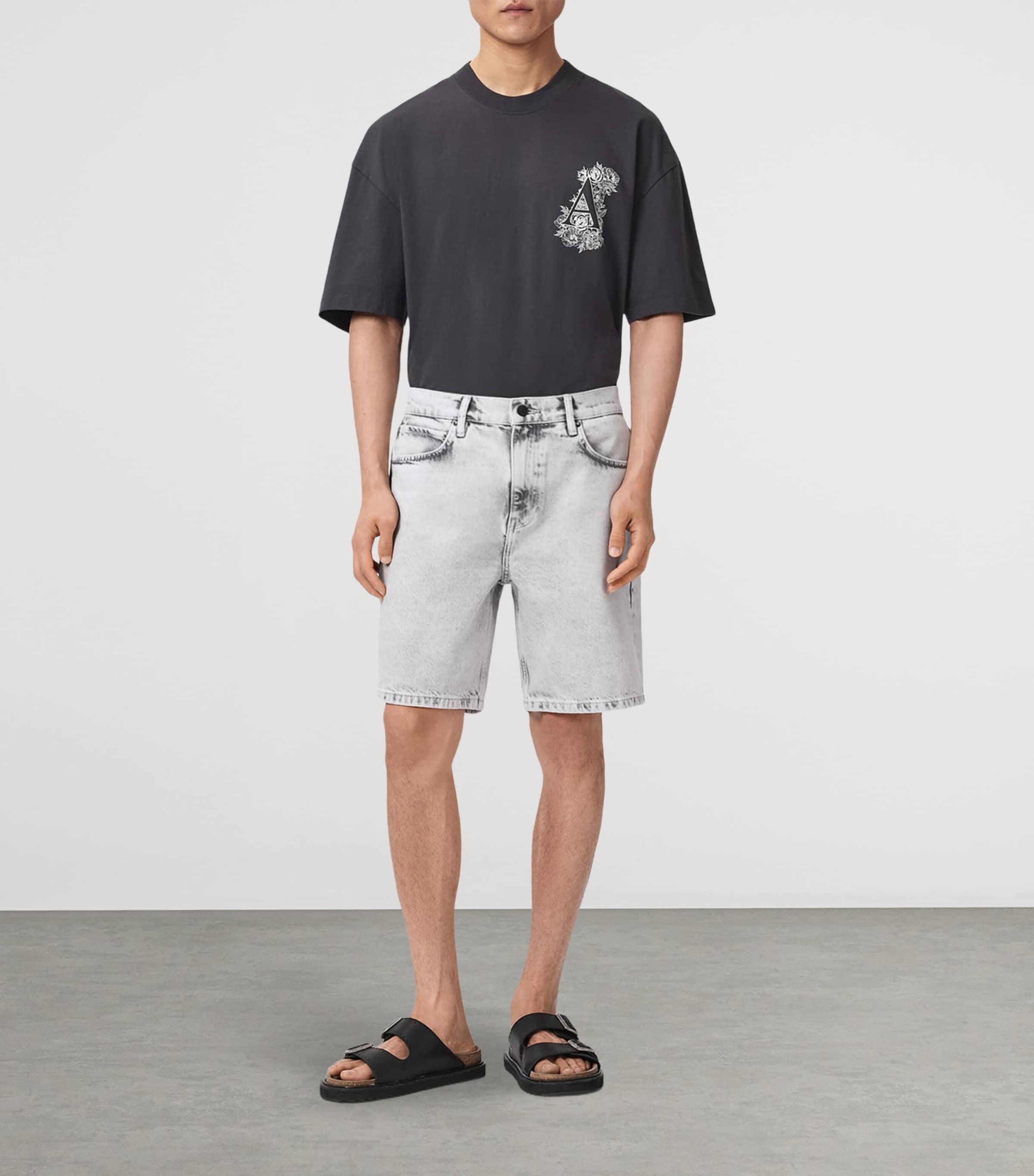 AllSaints Mens Lenny Straight Denim Shorts Bleached Grey Image 2