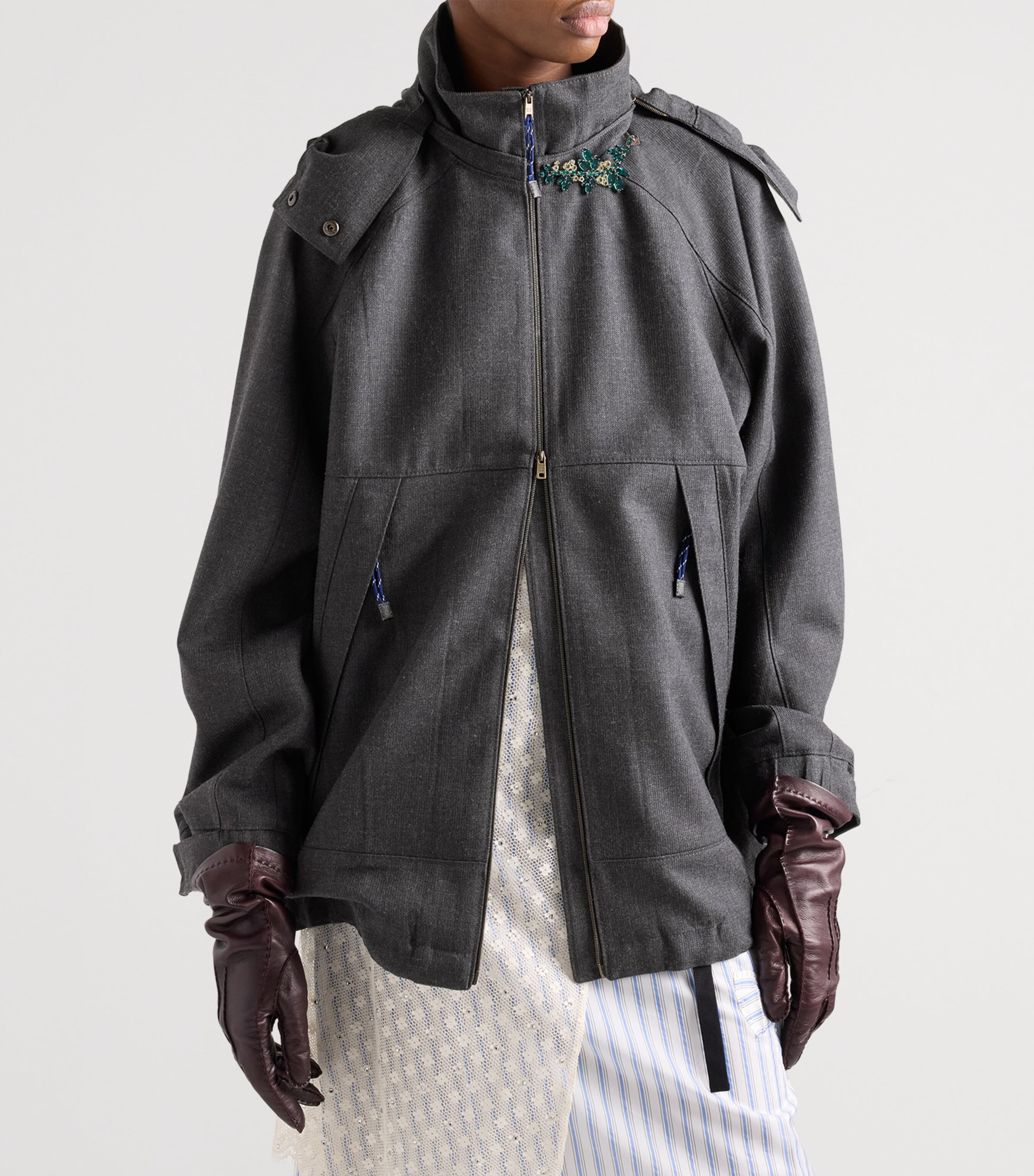 Prada Womens Wool Hopsack Hooded Jacket Grey Image 3