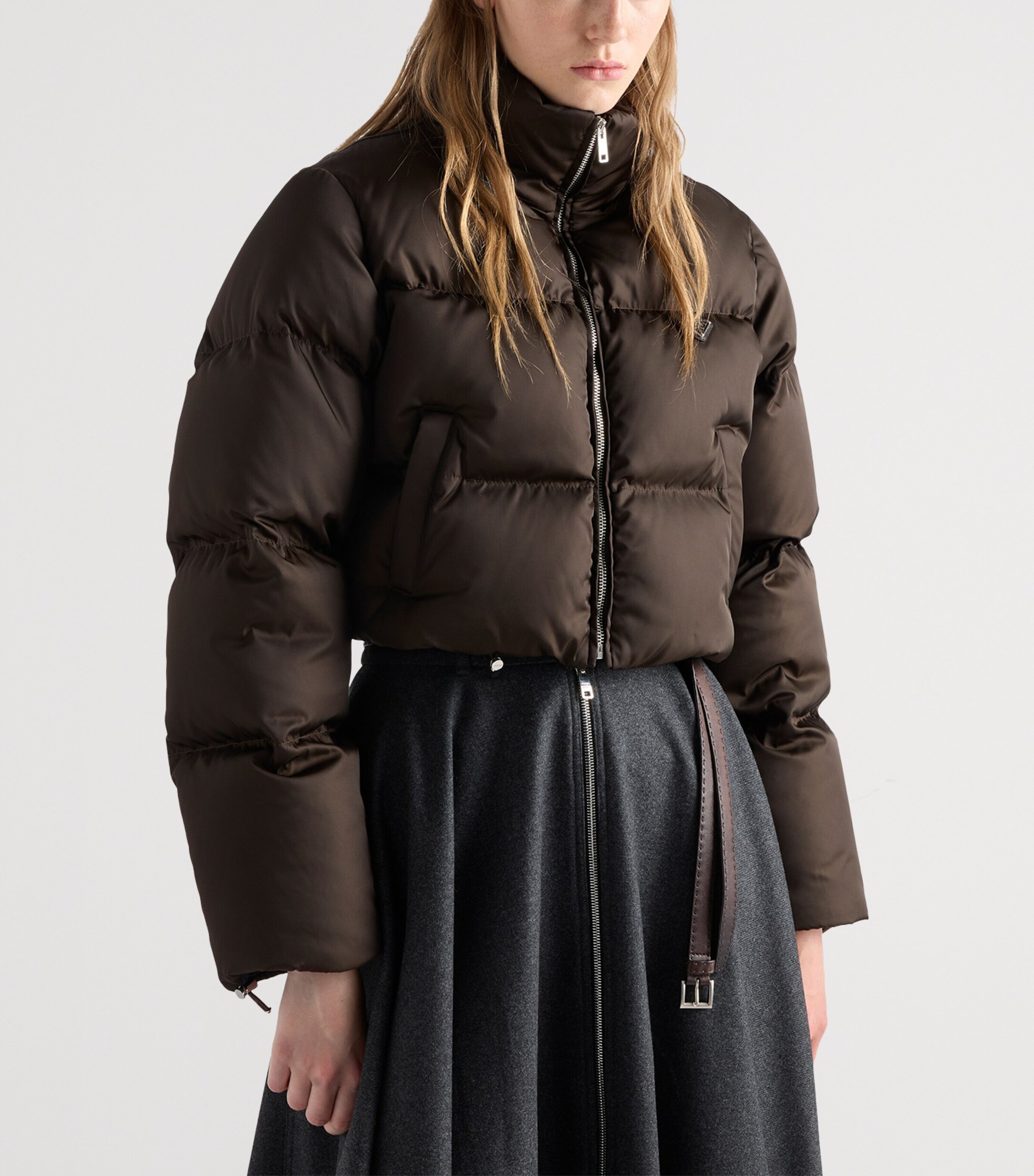 Prada Womens Re-Nylon Cropped Down Jacket Brown Image 3
