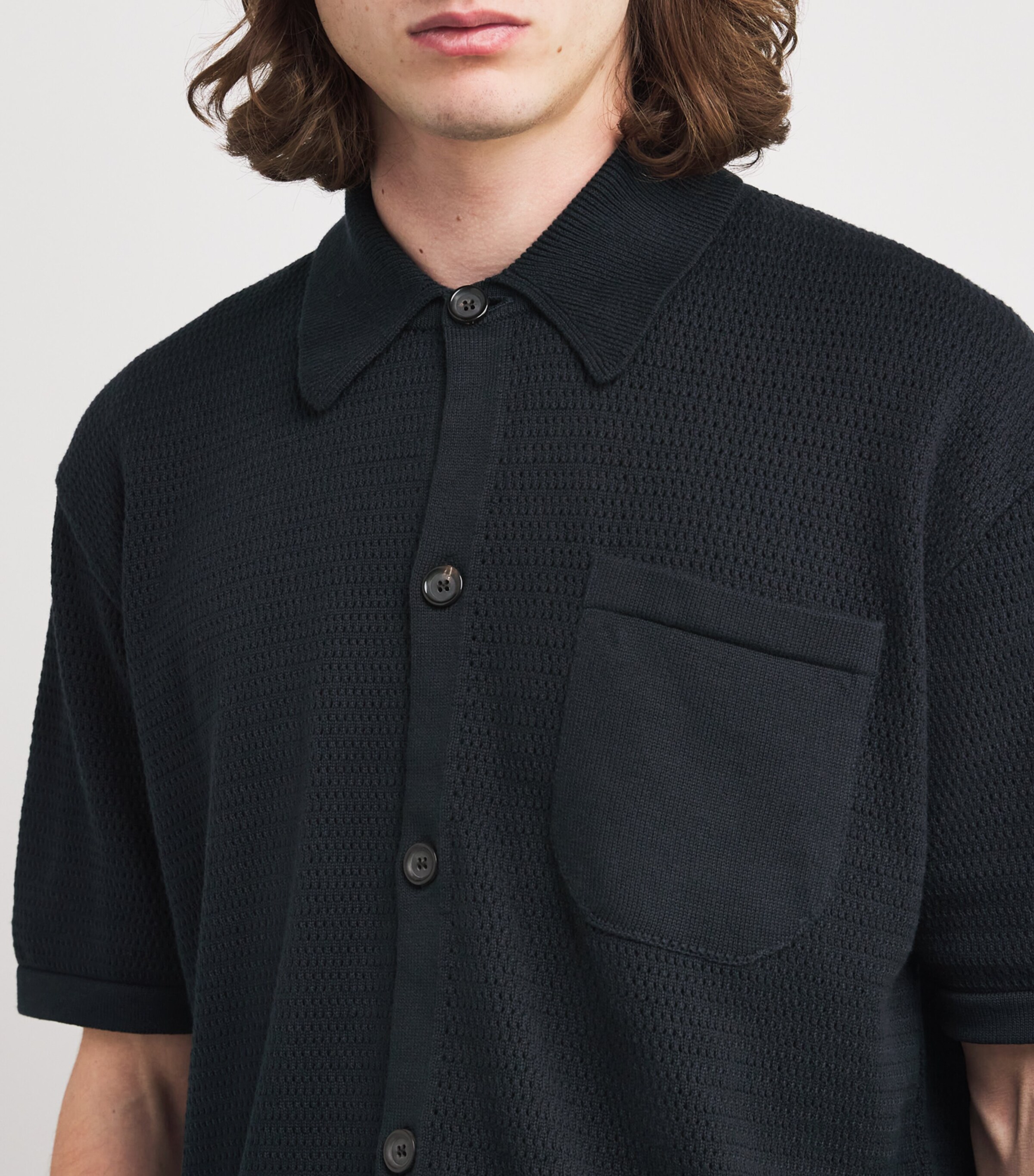 Oliver Spencer Mens Organic Cotton Knitted Short-Sleeve Shirt Navy Image 6