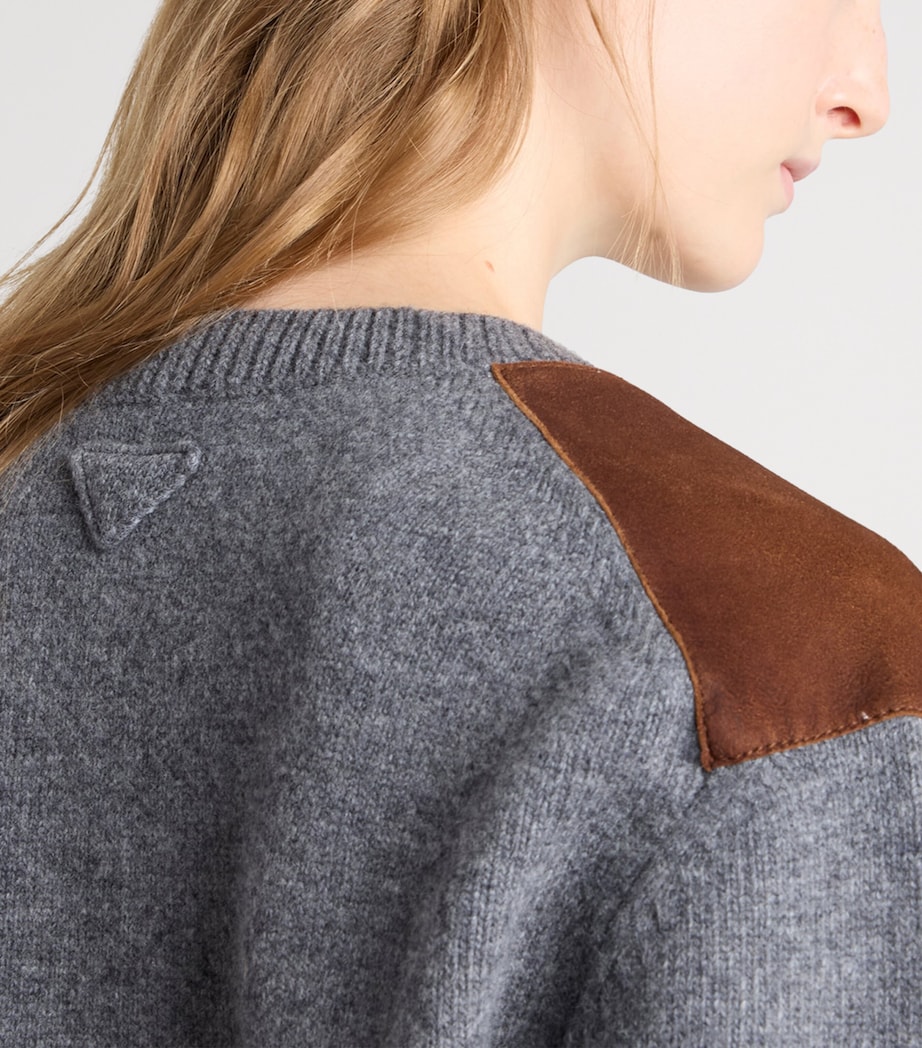 Prada Womens Wool Suede-Trim V-Neck Cardigan Grey Image 6
