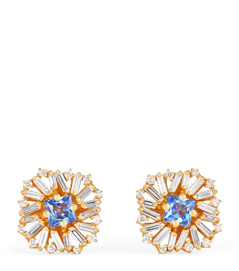 Yellow Gold, White Diamond and Sapphire Princess Earrings 18K YG/LB Image 1