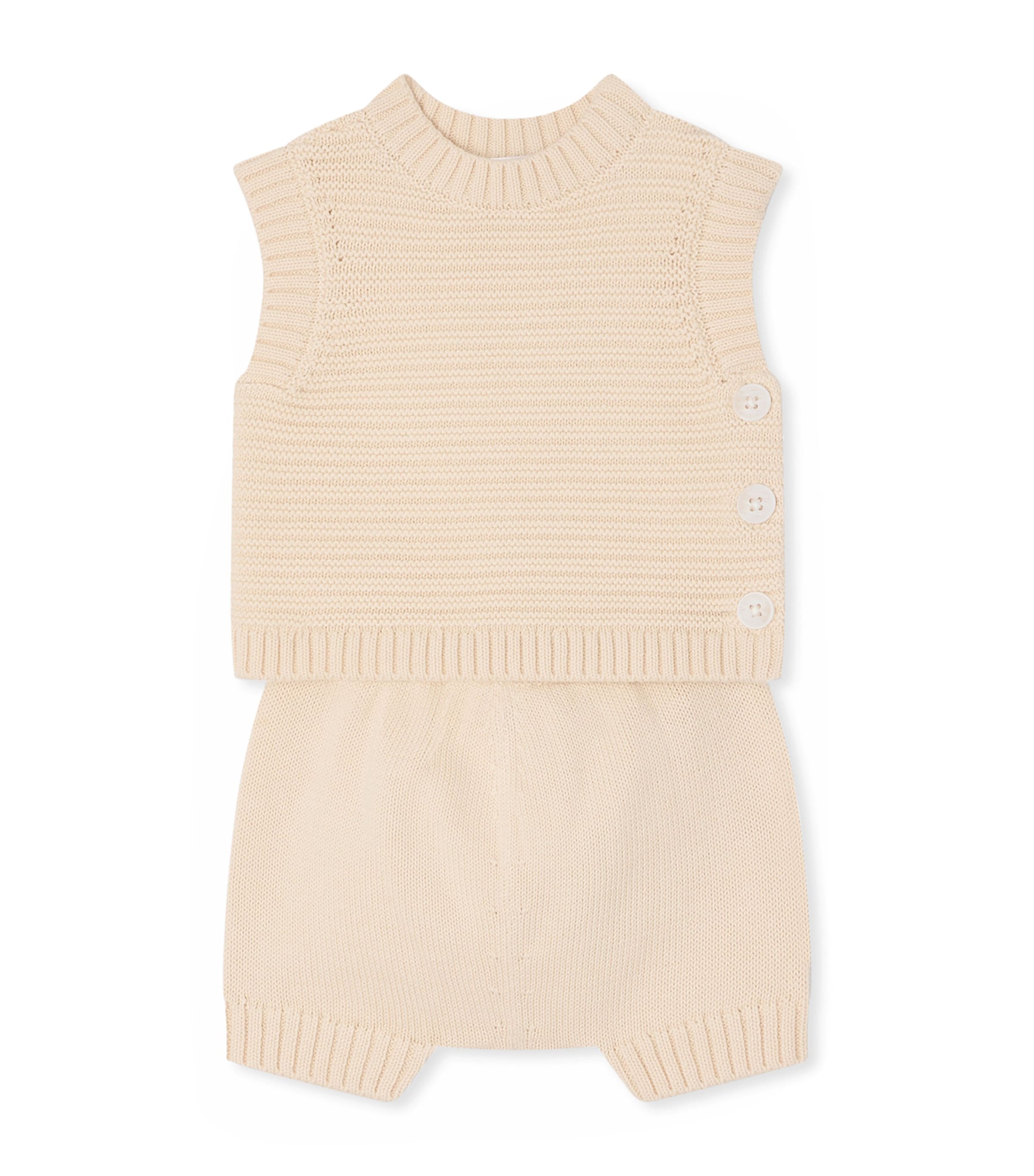 Bonpoint Cotton Sweater Vest and Bloomers Set (1-18 Months) Blanc Lait Image 1