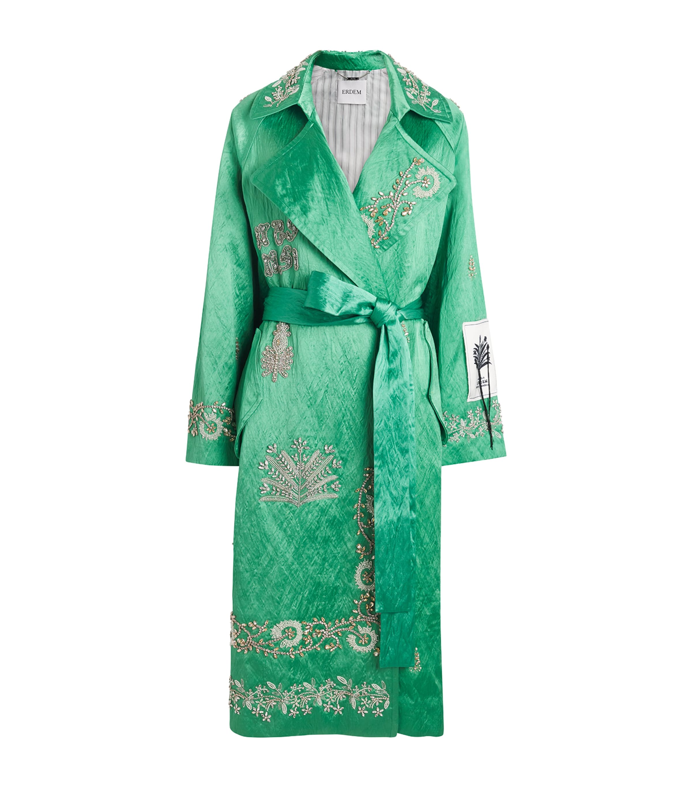 Erdem Womens Satin Embellished Belted Coat Sea Green Image 1