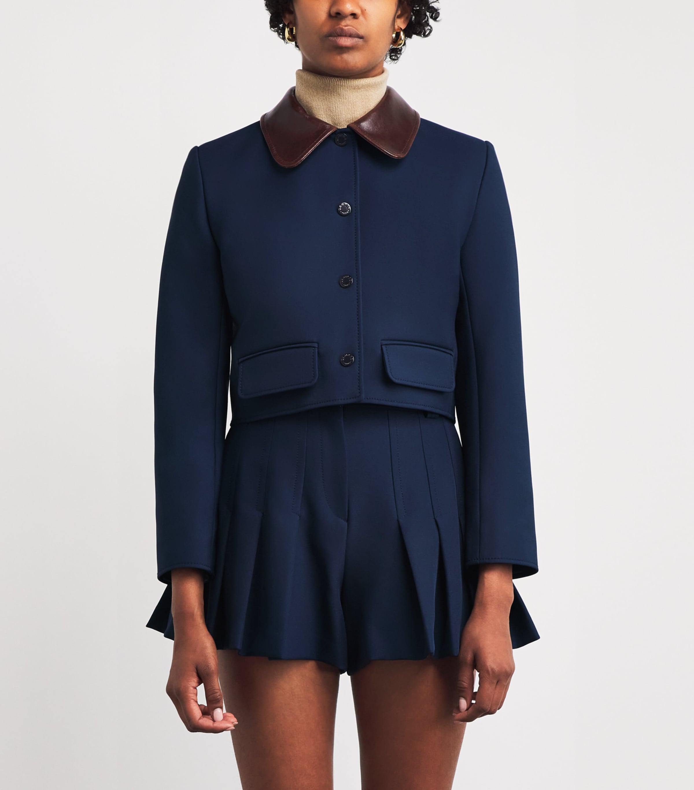Contrast-Collar Cropped Jacket NAVY BLUE Image 3
