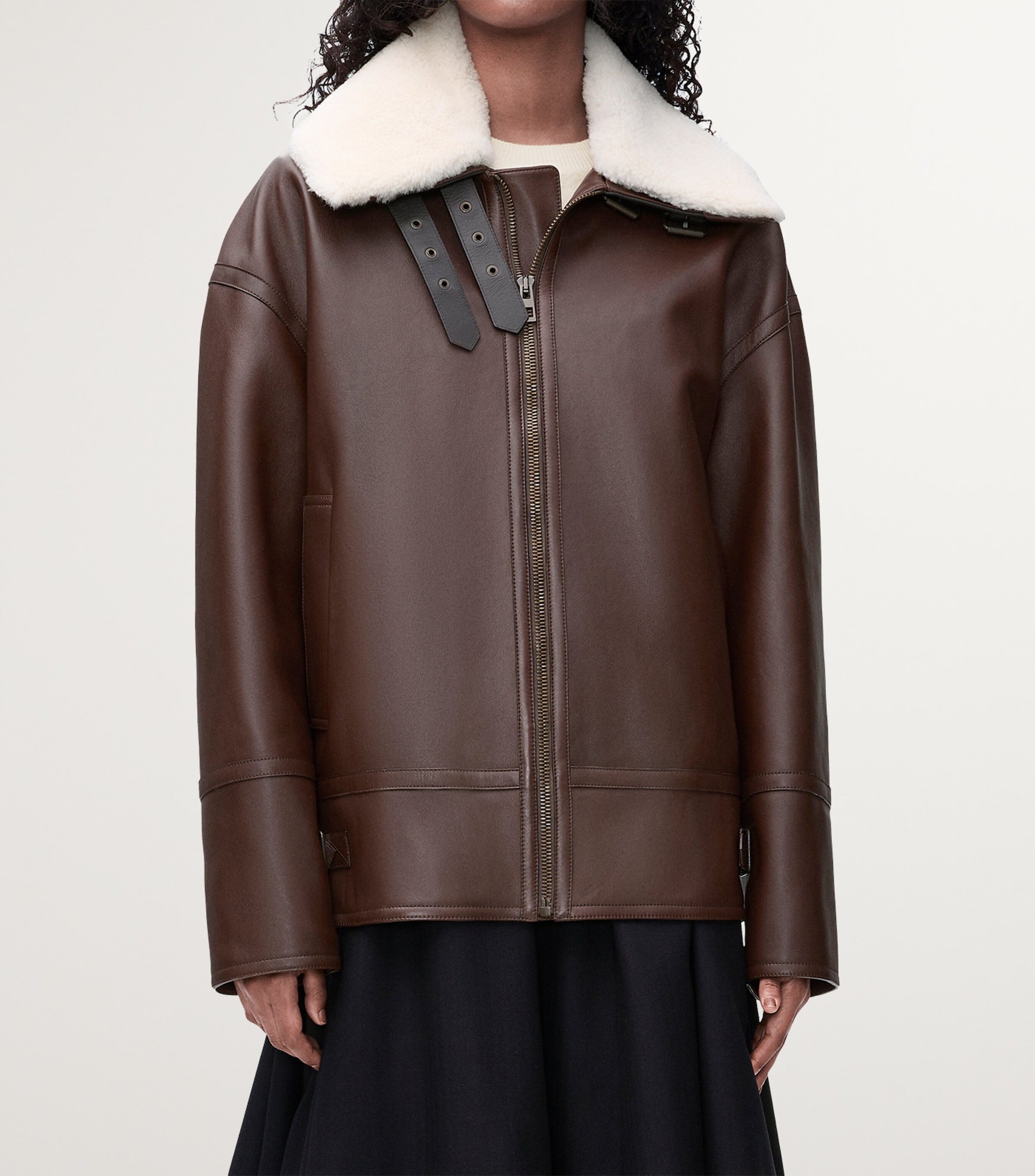 Leather Shearling-Collar Aviator Jacket CHOCOLATE BROWN Image 3