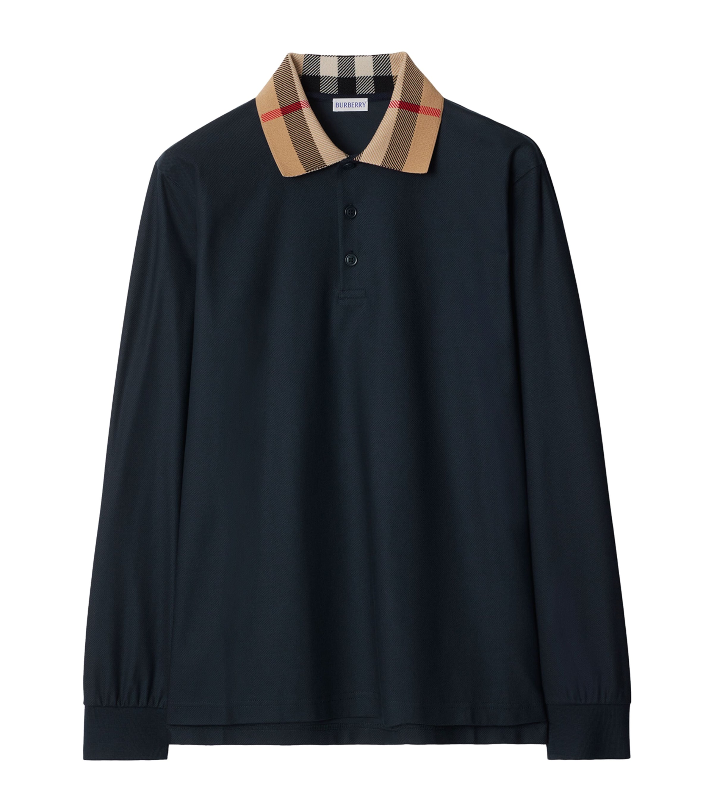 Cotton Check-Collar Long-Sleeve Polo Shirt SMOKED NAVY Image 1
