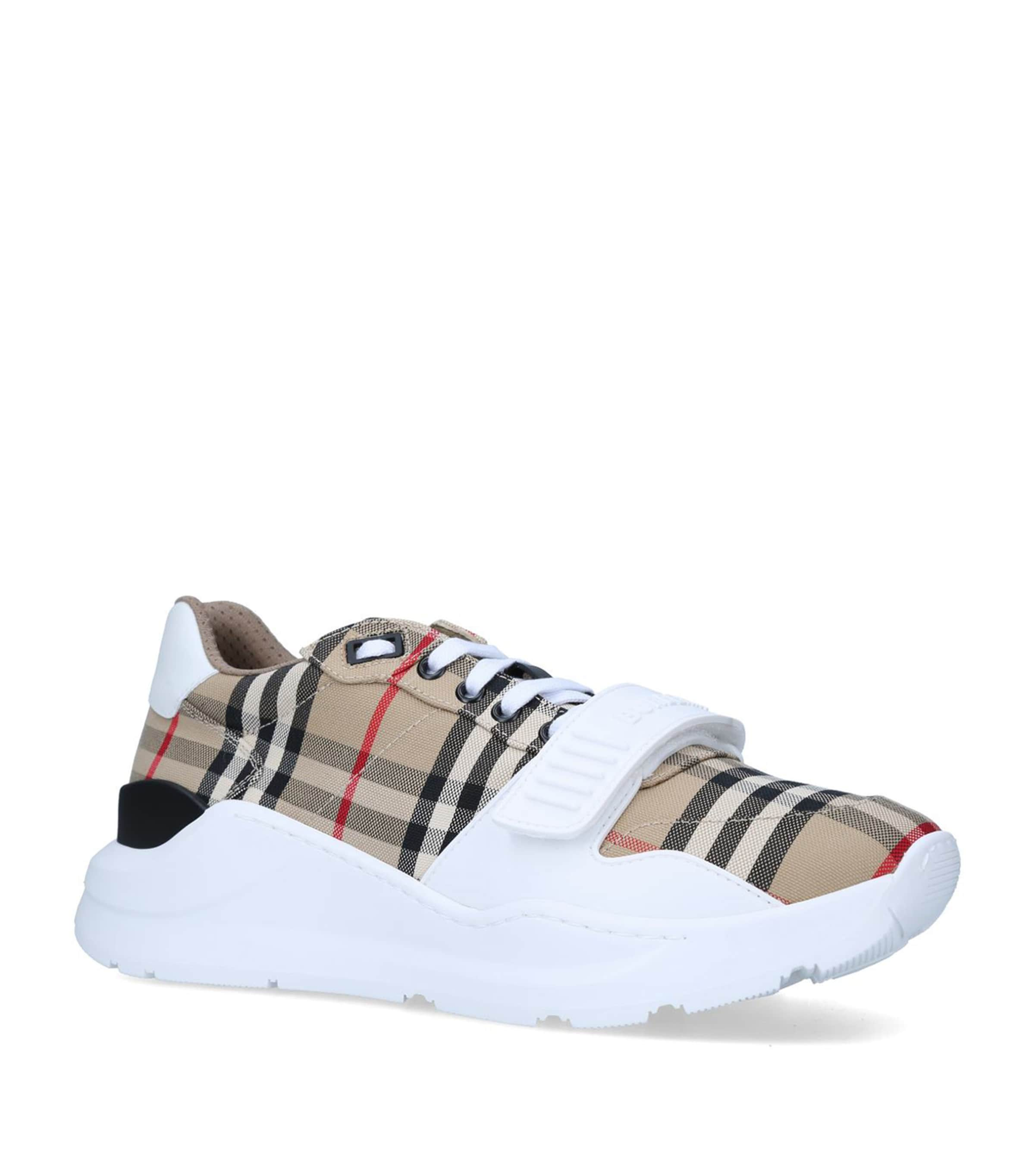 Shop Burberry Check Regis Sneakers In Beige