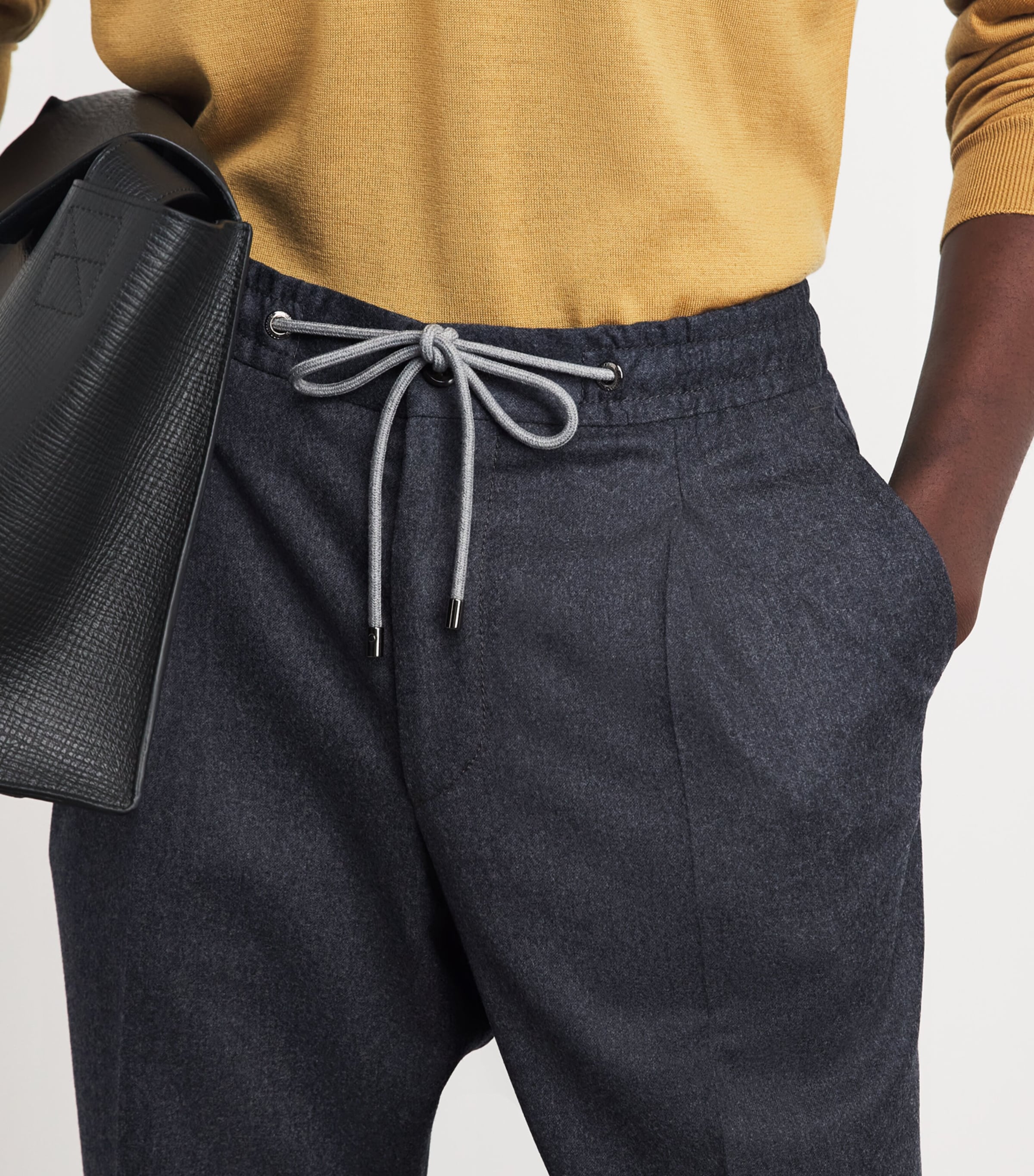 Corneliani Mens Virgin Wool Drawstring Trousers Gry Melange Drk Image 3