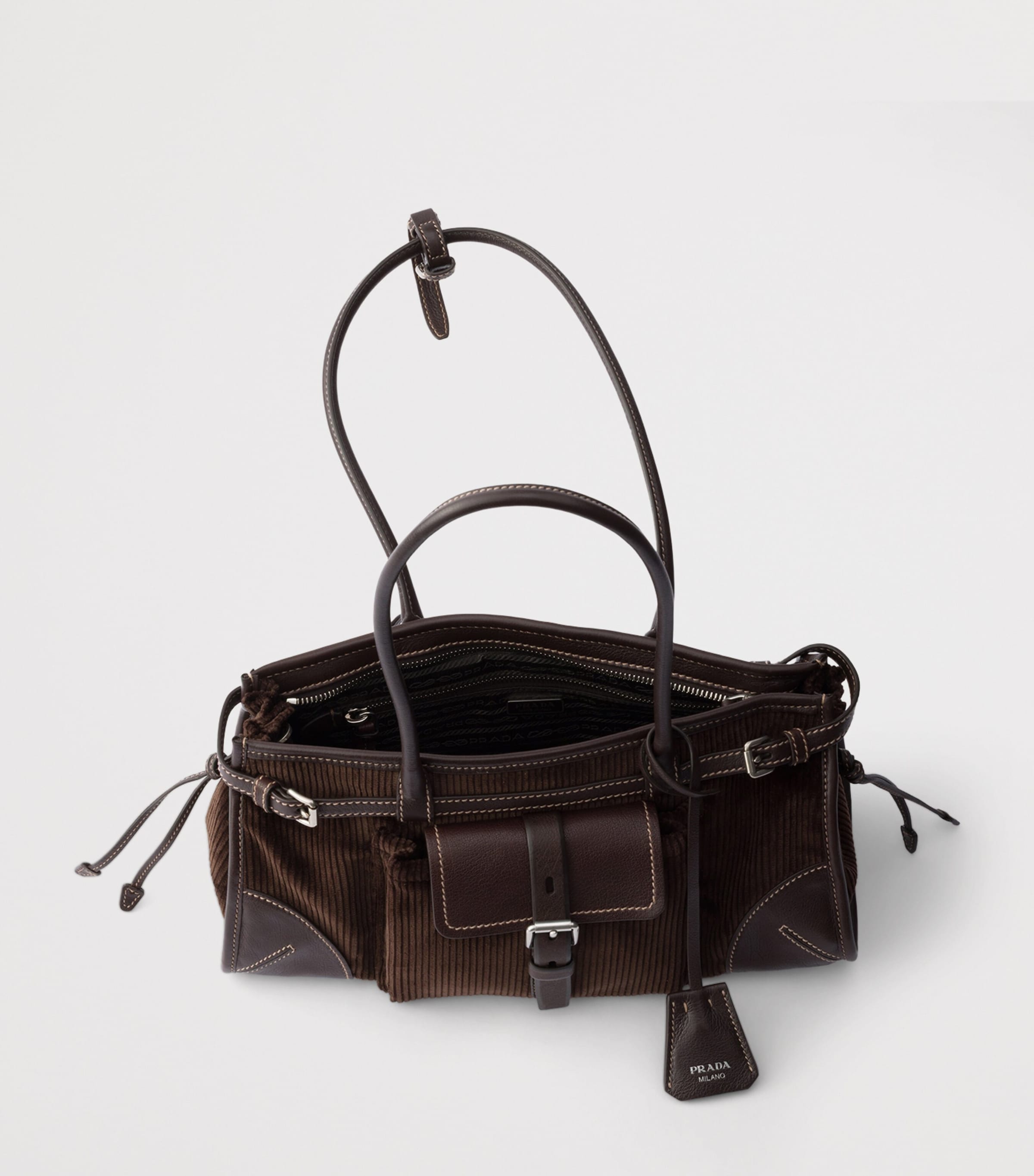 Prada Womens Medium Bonnie Corduroy and Leather Top-Handle Bag Brown Image 5