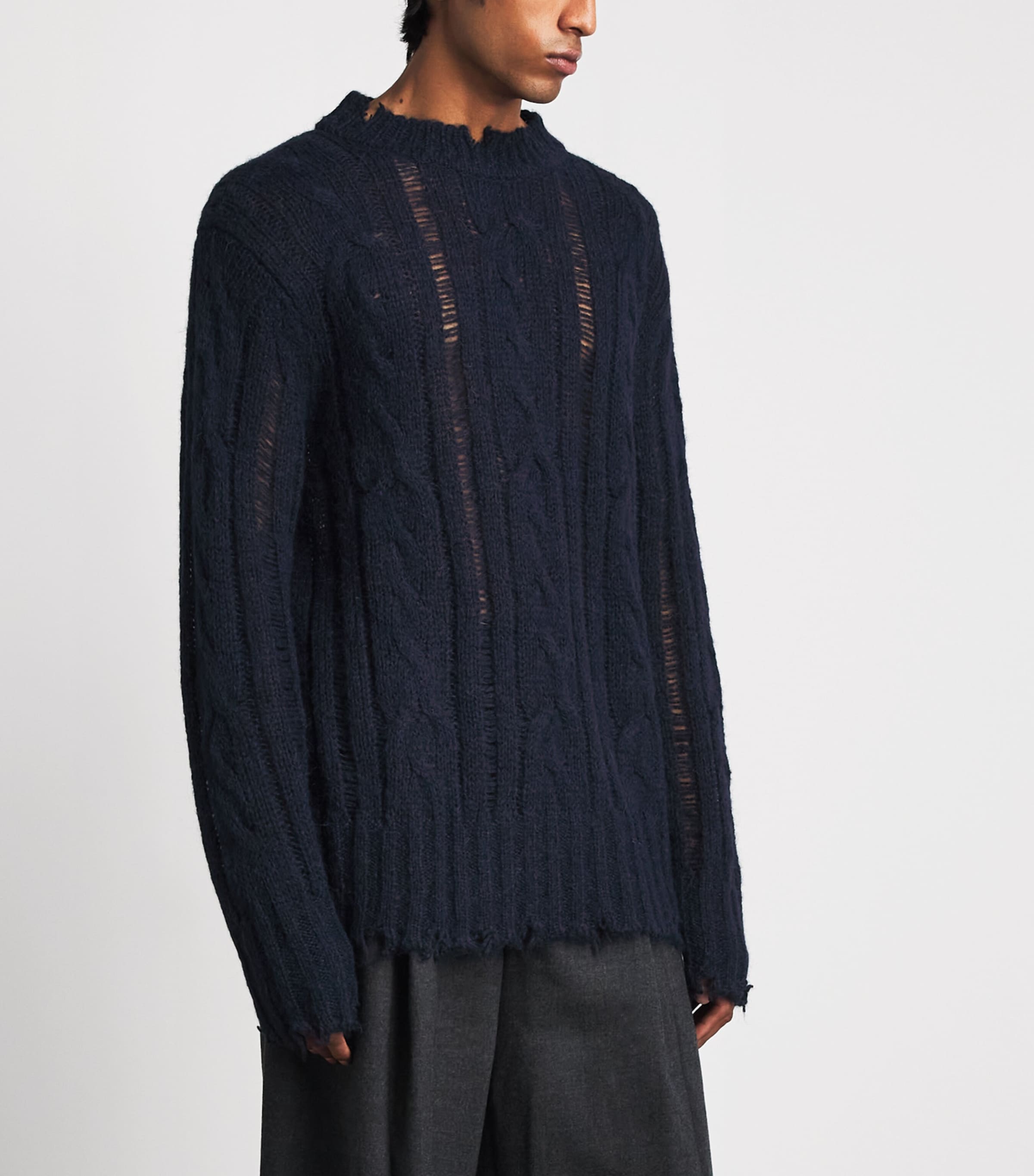 System Mens Cable-Knit Distressed Sweater Dark Navy Image 4
