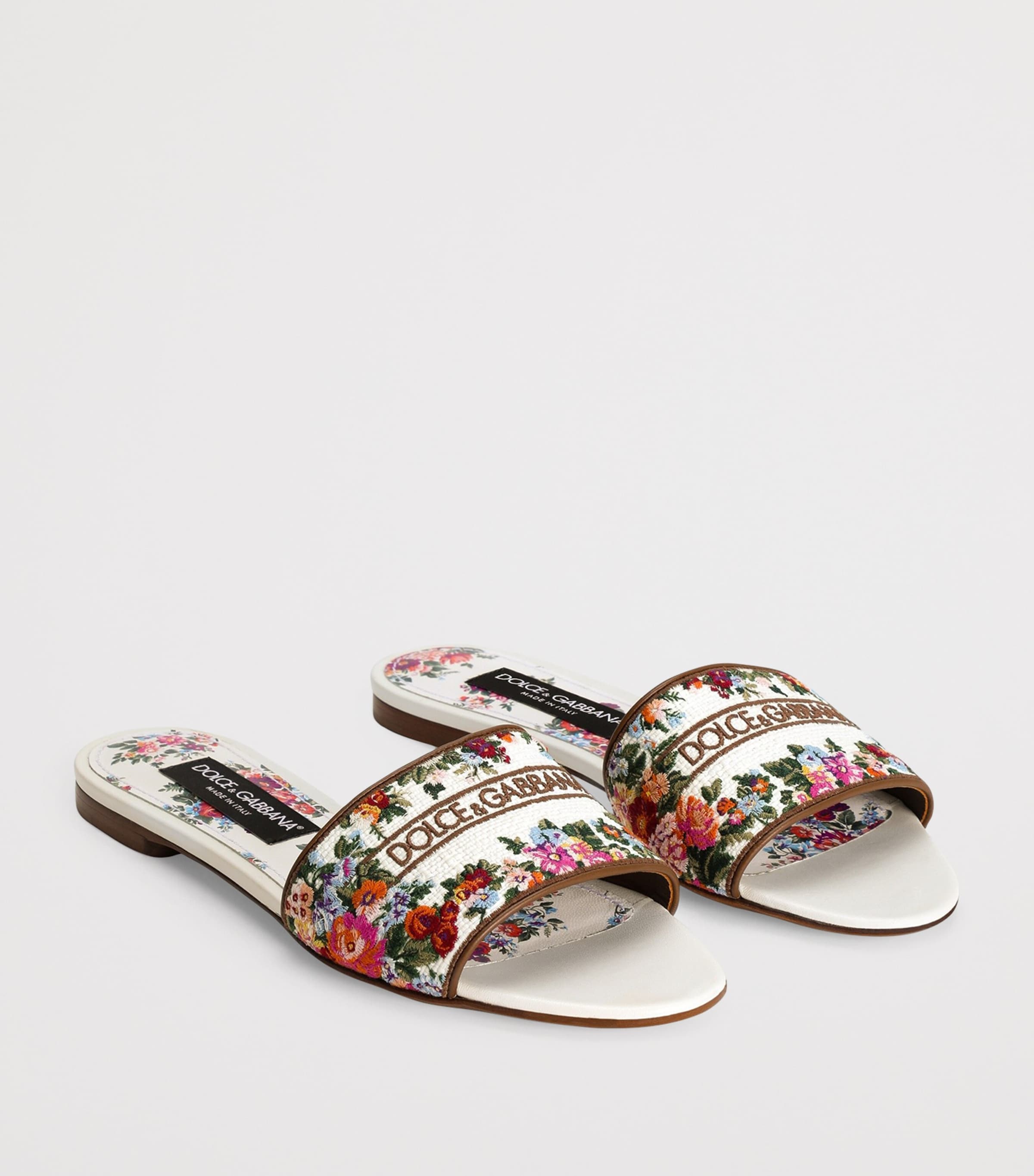 Dolce&Gabbana Leather Embroidered Floral Slides Whit Image 2