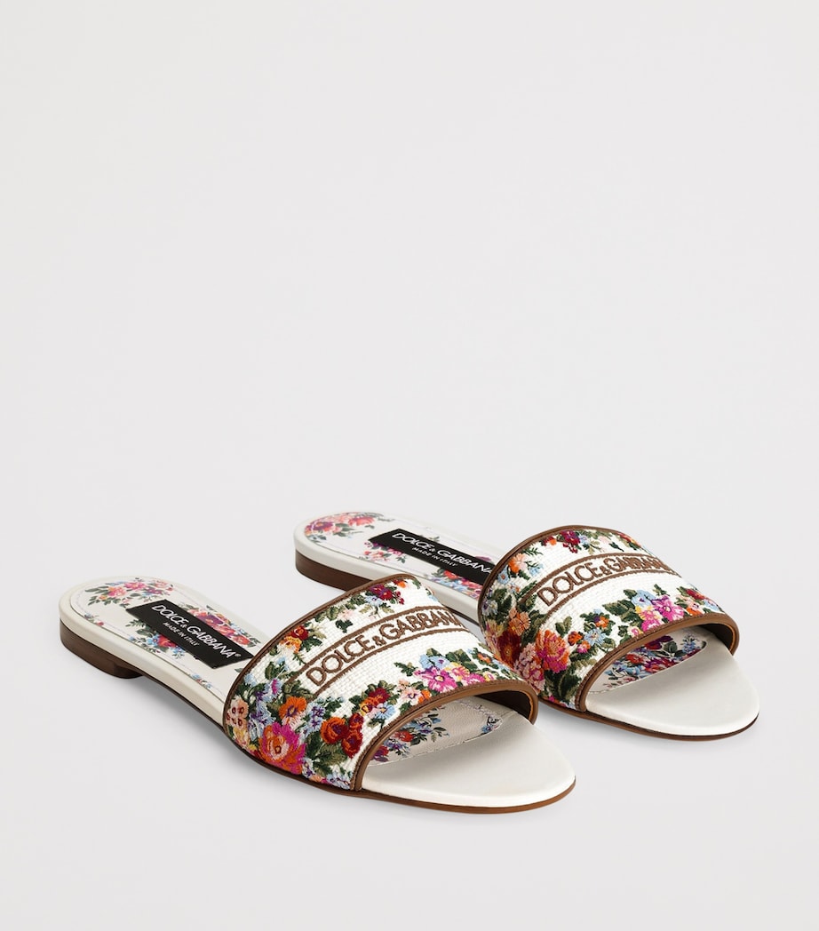 Dolce&Gabbana Leather Embroidered Floral Slides Whit Image 2