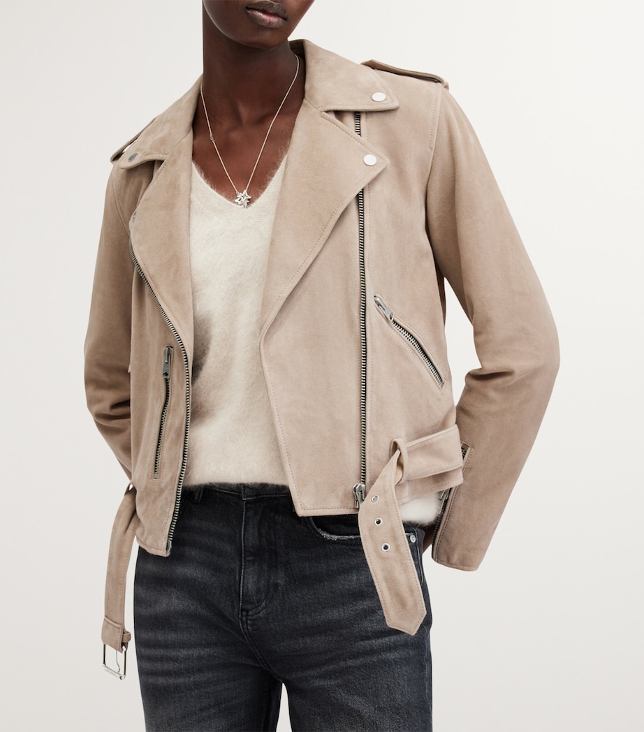 AllSaints Womens Suede Balfern Biker Jacket Warm Taupe Grey Image 3