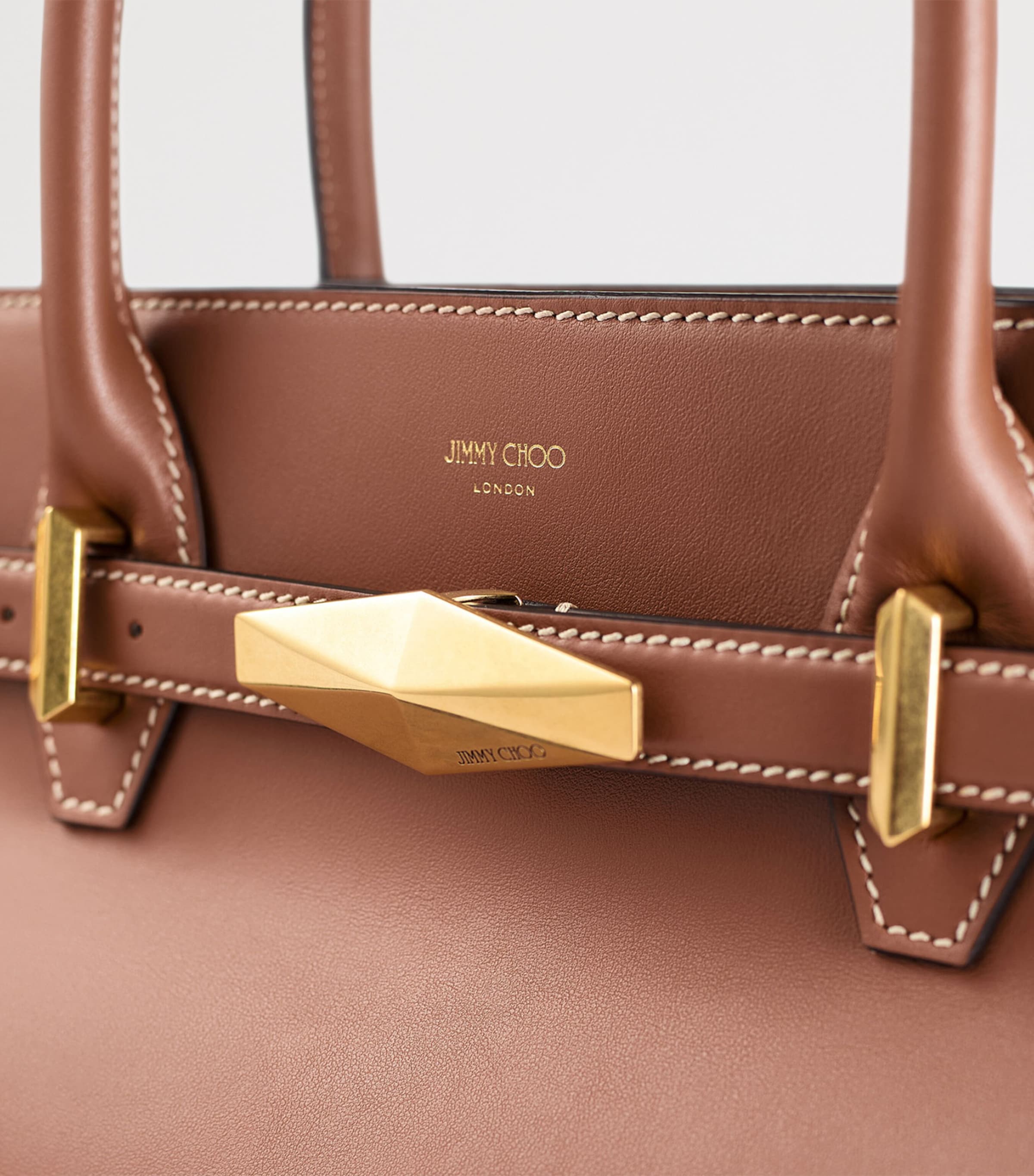 Diamond Leather Belted Top-Handle Bag TAN/ECRU/GOLD Image 6