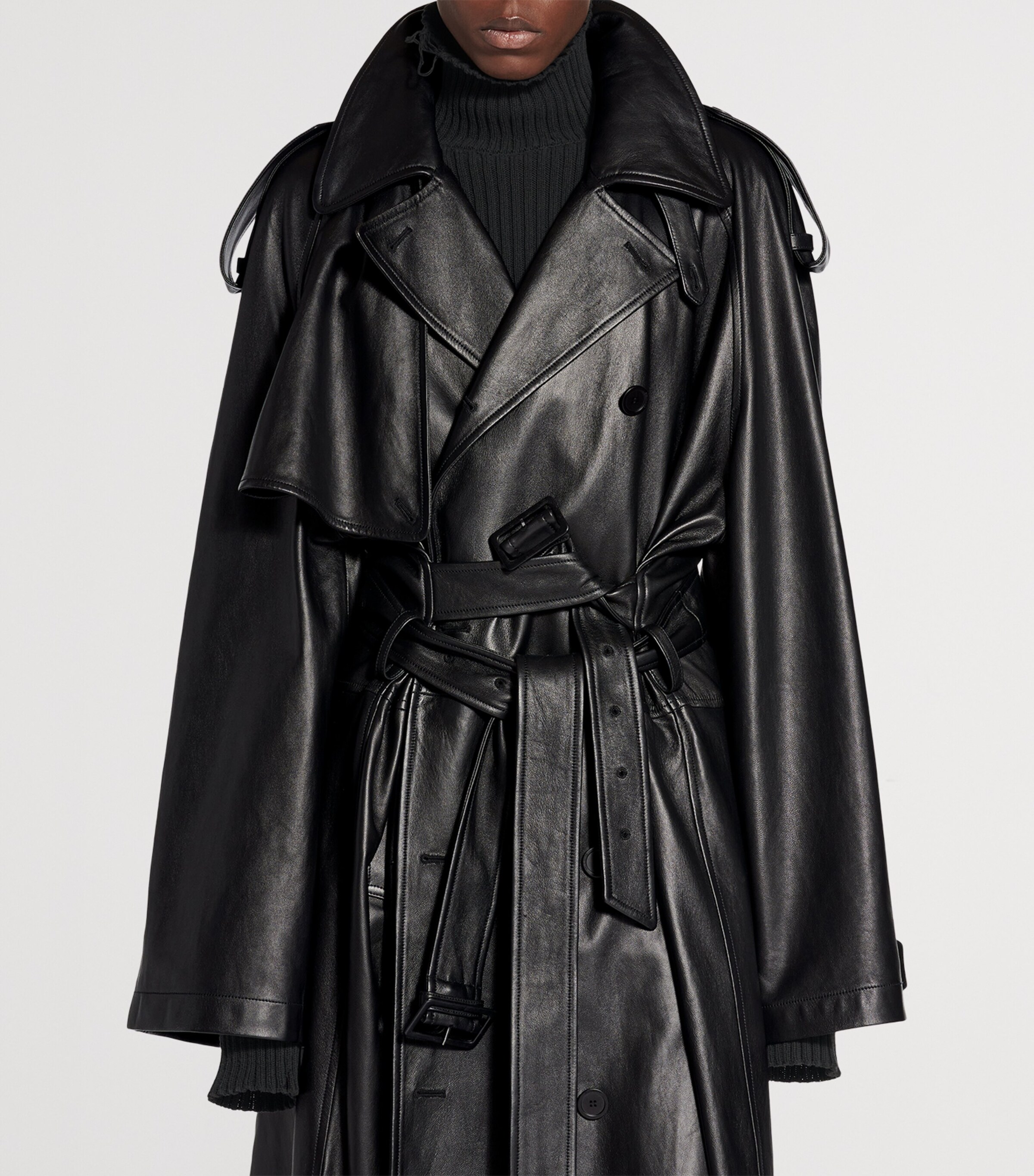 Balenciaga Black Leather Double-Belt Trench Coat | Harrods UK