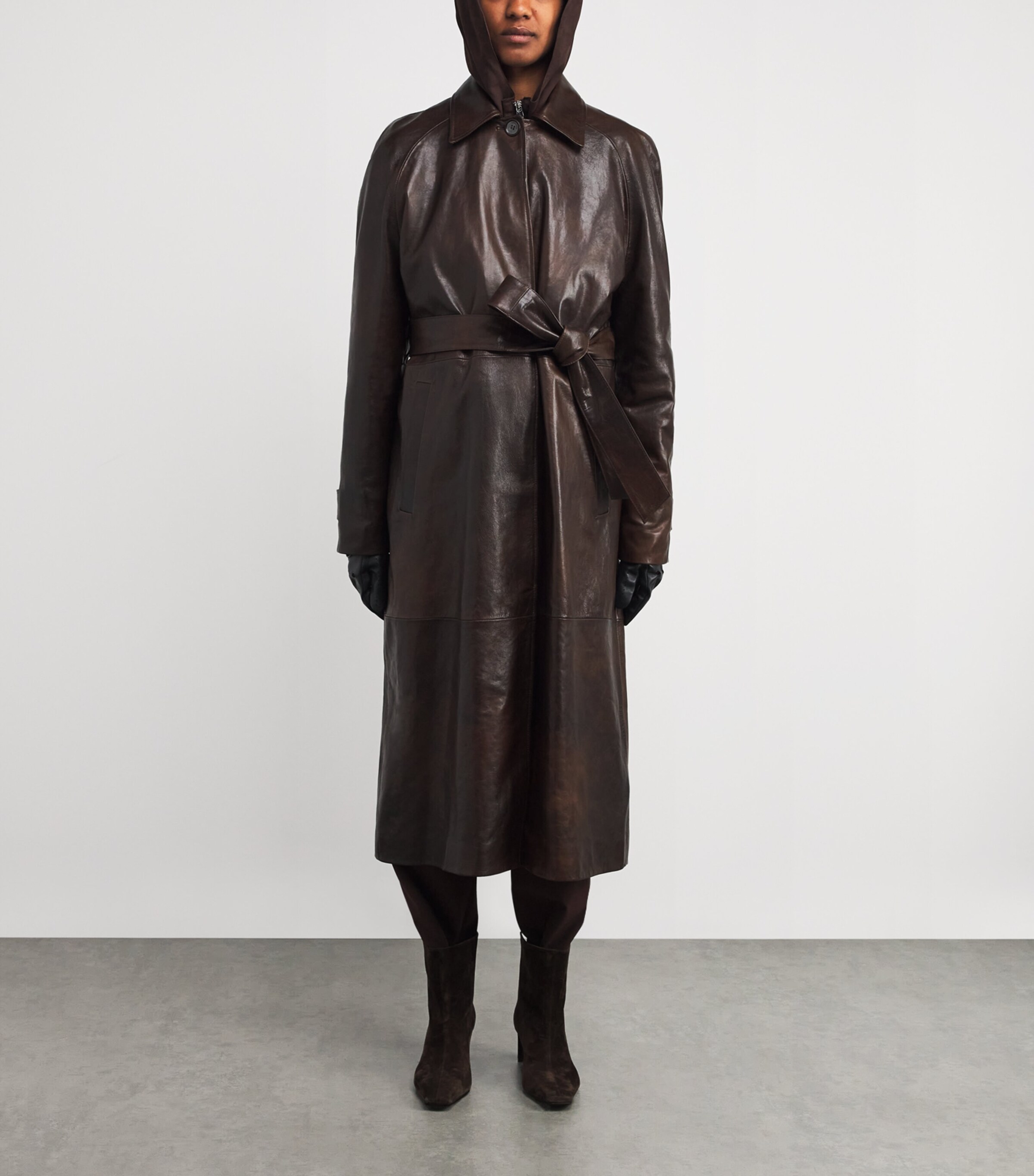 Leather Belted Trench Coat BROWN Image 3