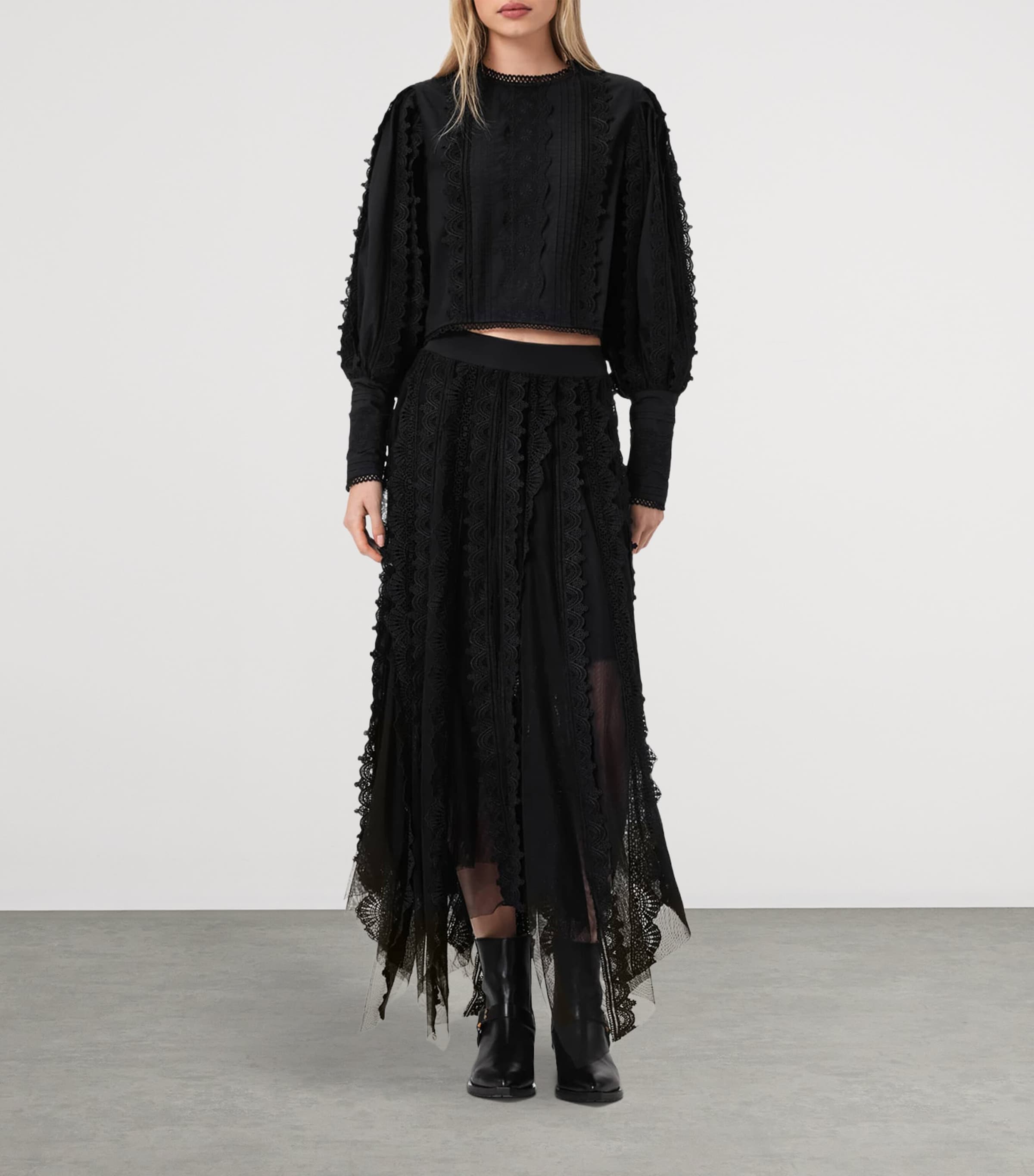 AllSaints Womens Cotton-Lace Vashtie Midi Skirt Black Image 2
