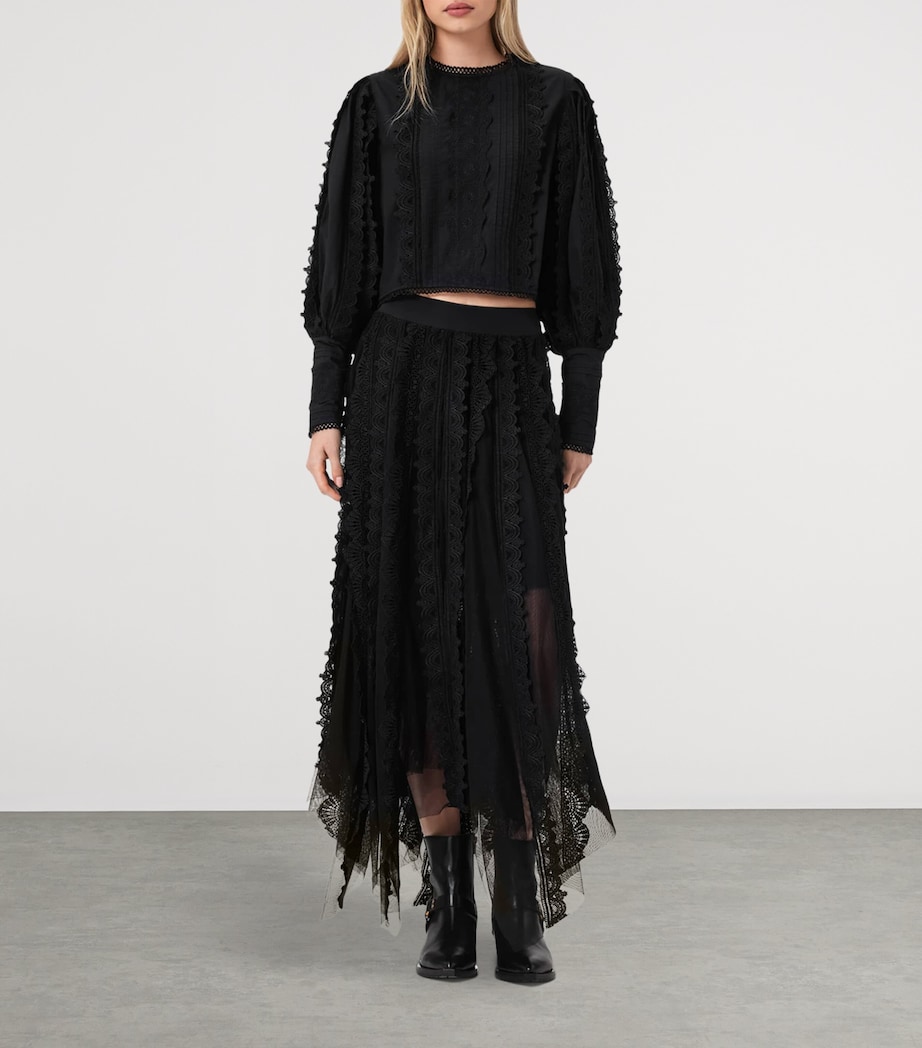 AllSaints Womens Cotton-Lace Vashtie Midi Skirt Black Image 2