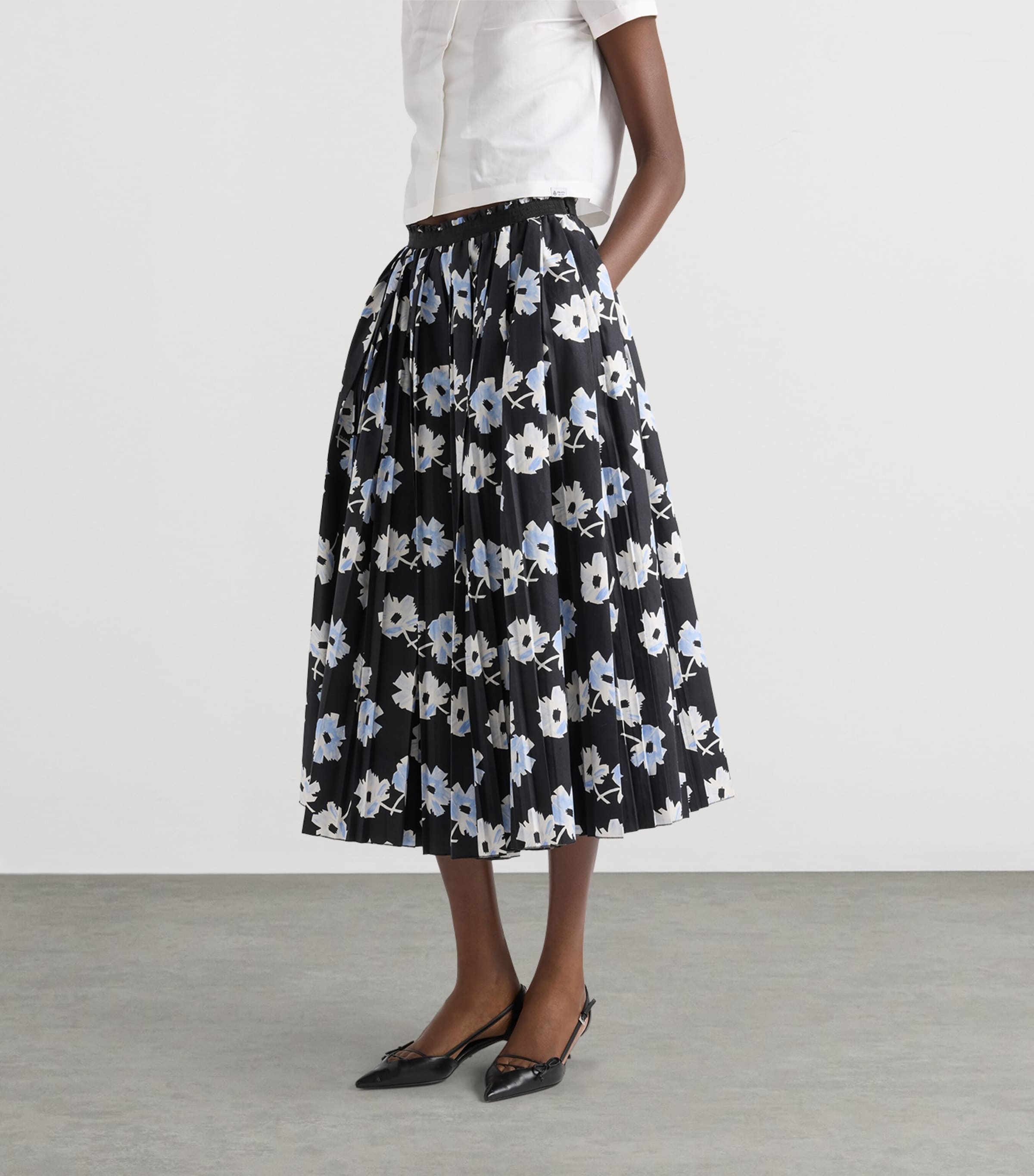 Prada Womens Cotton Pleated Midi Skirt Black Image 3