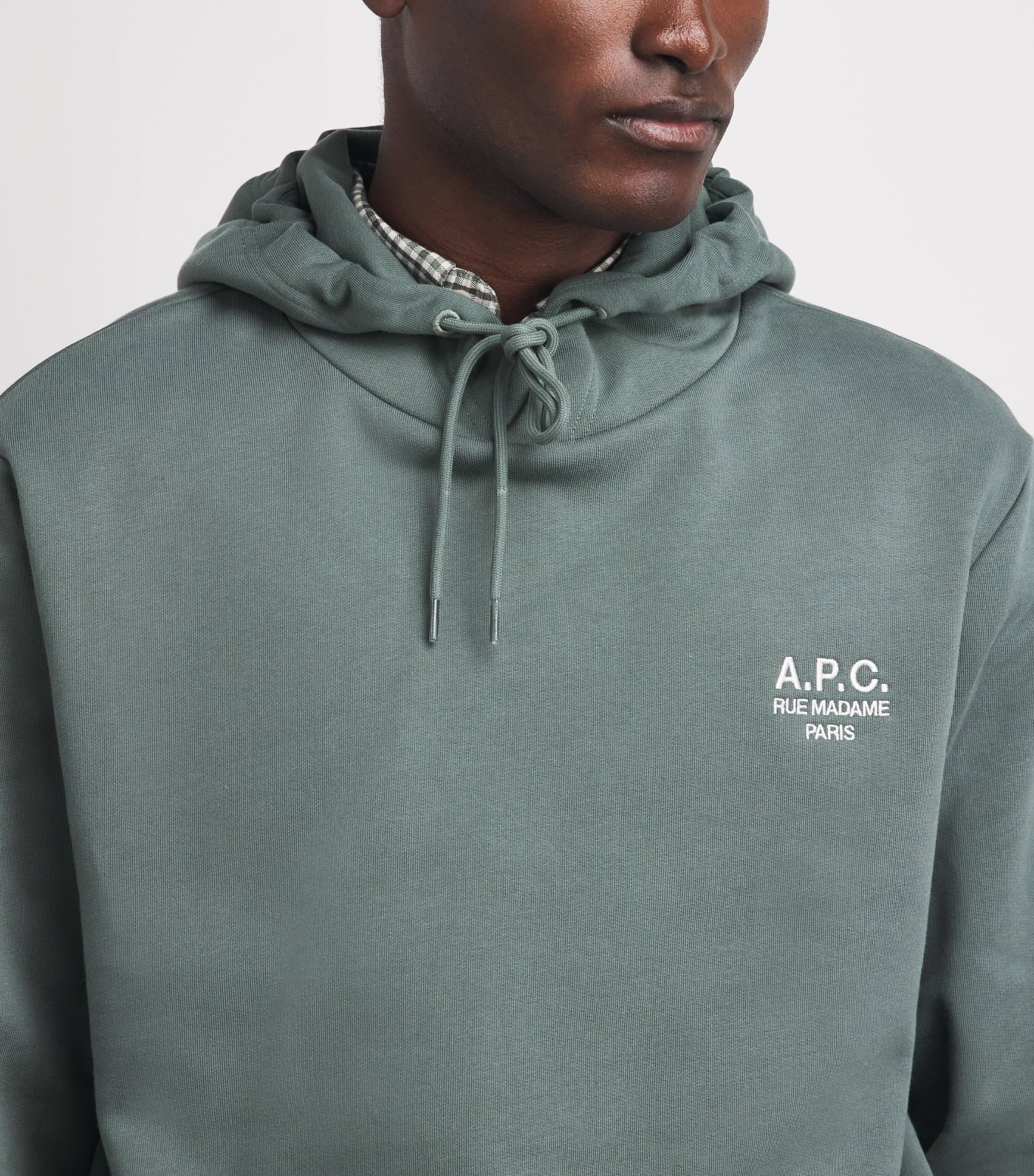 A.P.C. Mens Cotton Rue Madame Logo Hoodie Vert Grise / Blanc Image 3