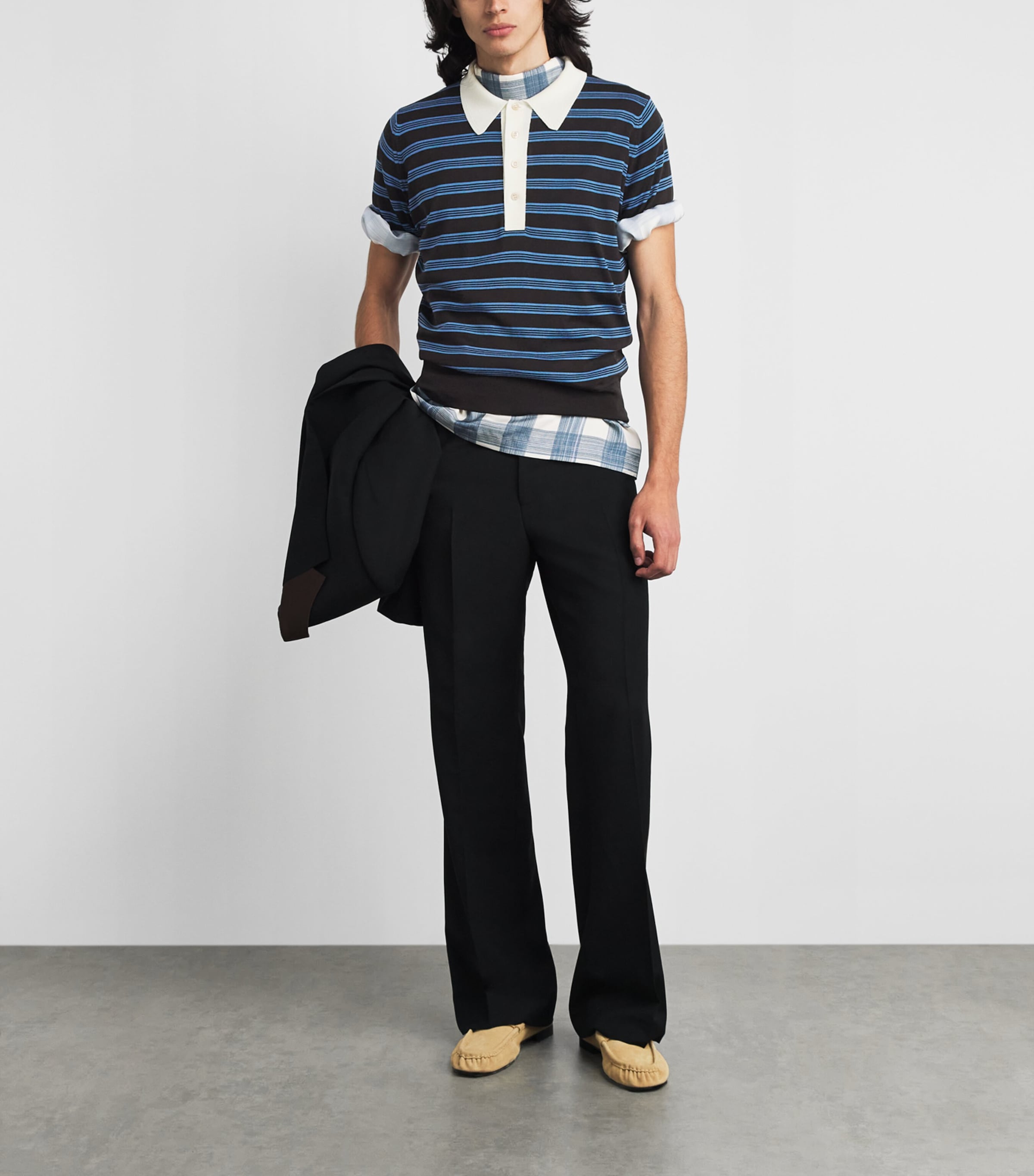 Wales Bonner Mens x John Smedley Merino Polo Sweater Brown/blue/ivory Image 2