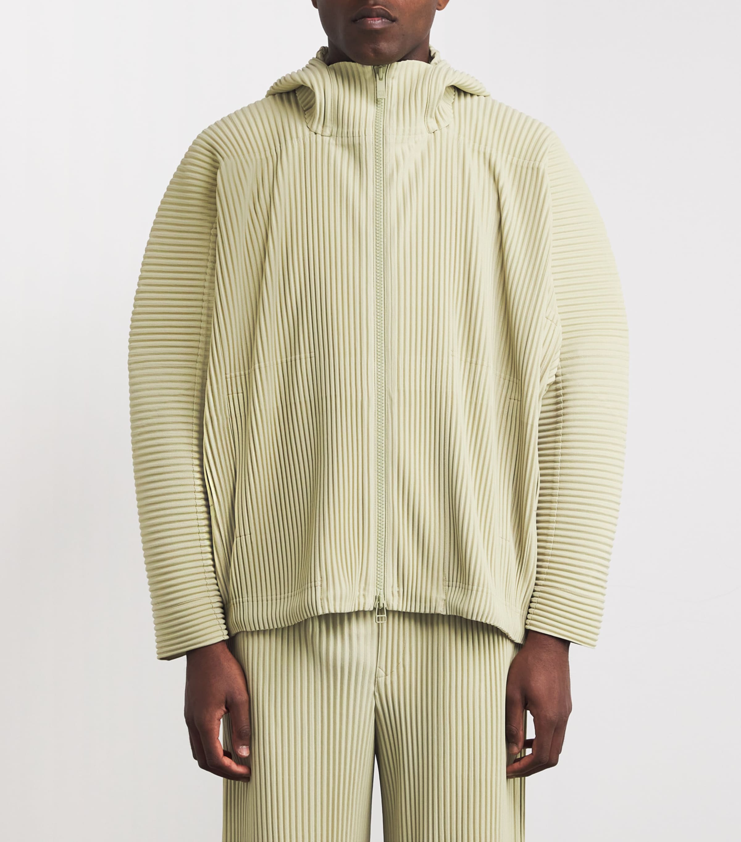 Homme Plissé Issey Miyake Mens Pleated Hooded Jacket Dry Grass Green Image 3