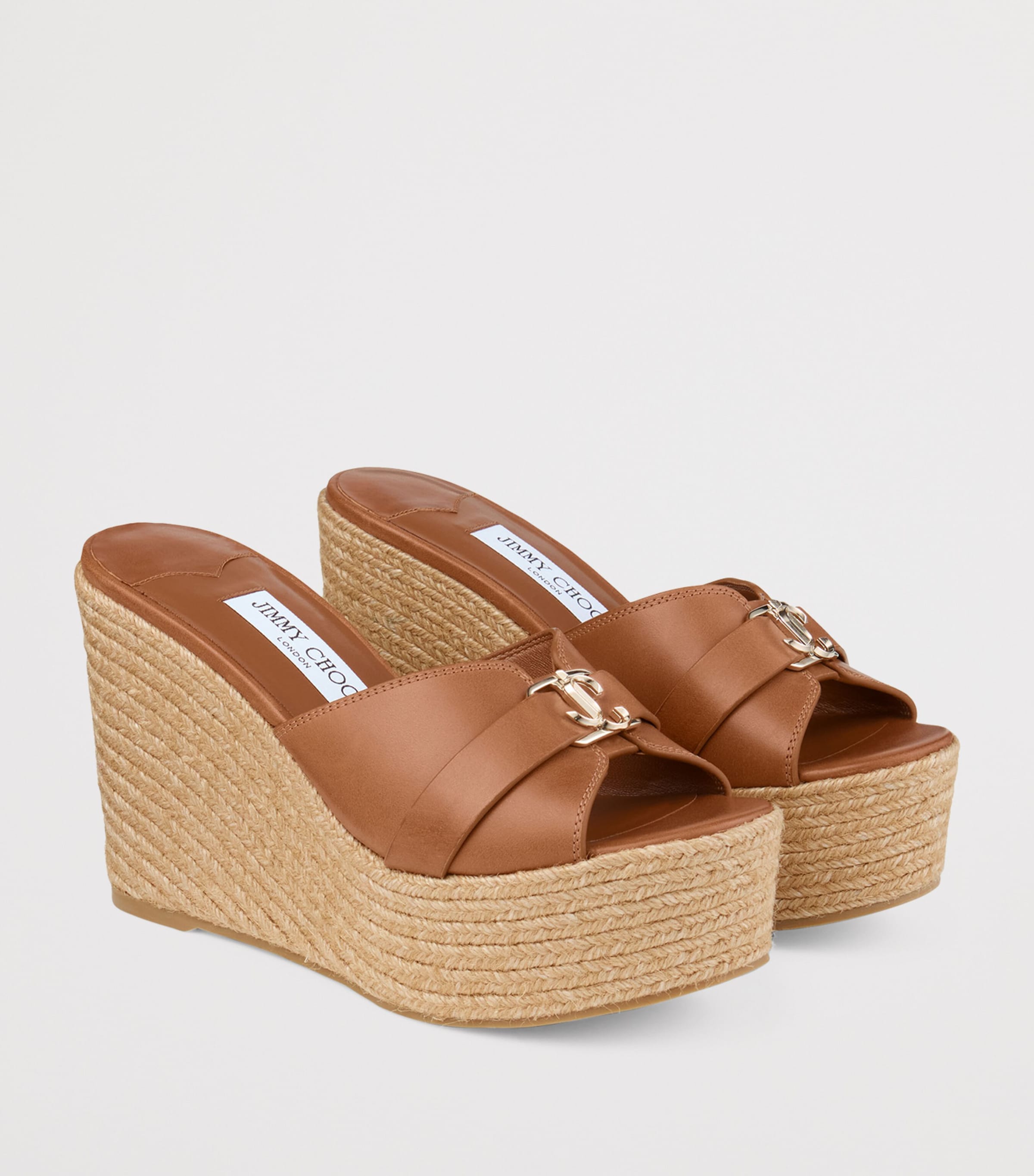 Jimmy Choo Leda 100 Leather Wedge Sandals Tan/gold Image 5