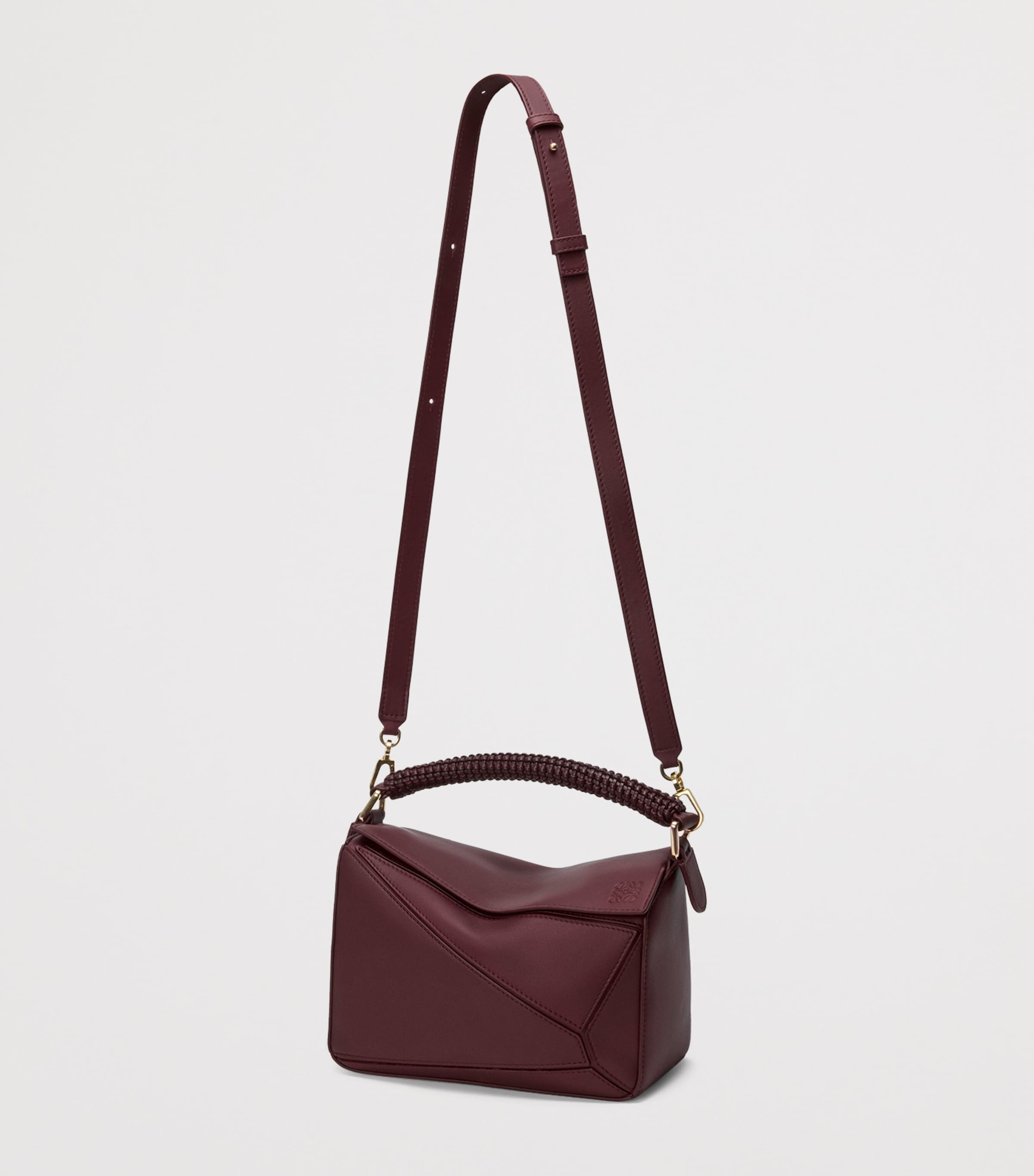 Small Leather Puzzle Woven Top-Handle Bag DARK BURGUNDY Image 7