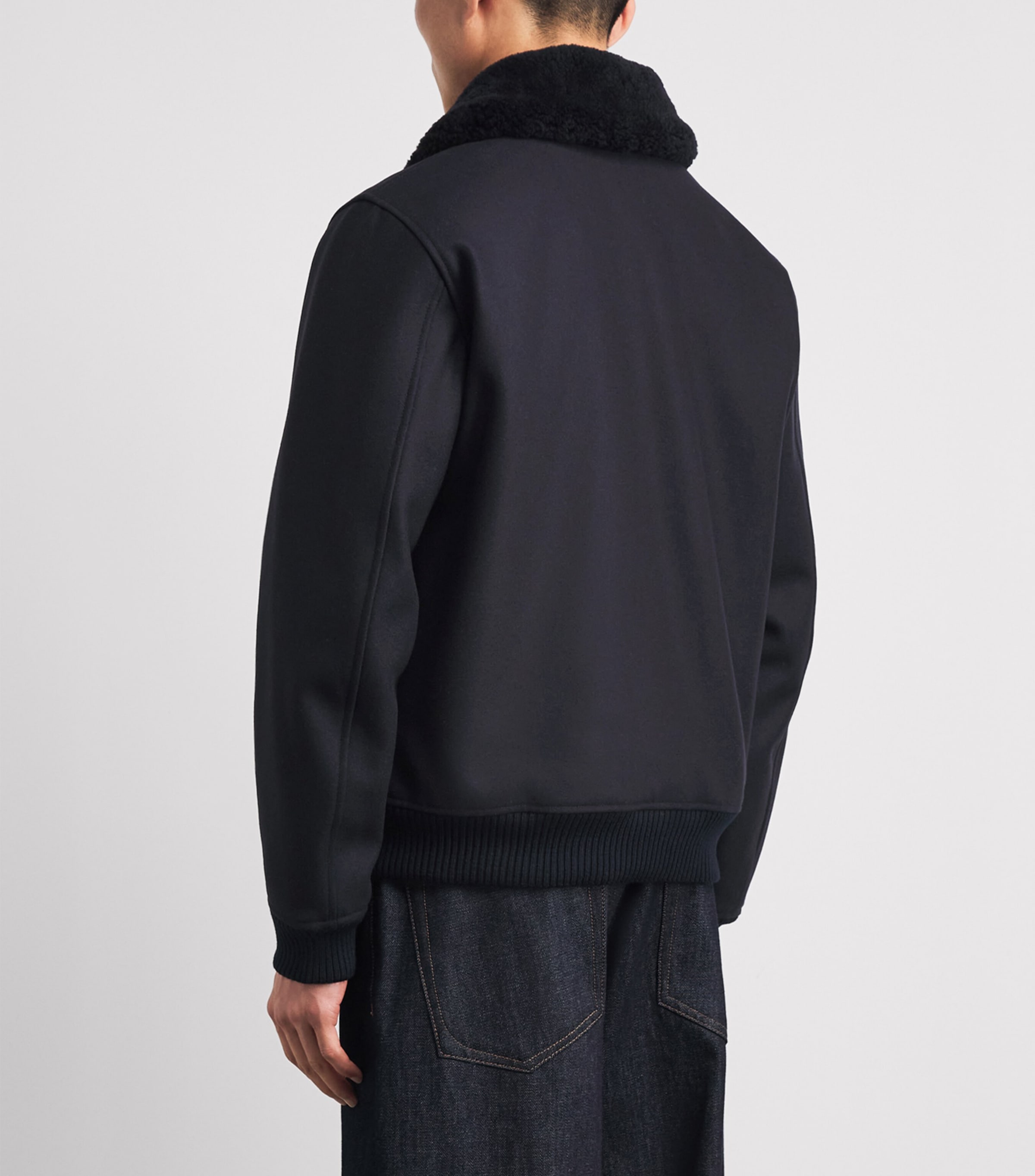 Sandro Paris Mens Wool-Blend Shearling Collar Aviator Jacket Navy Blue Image 5