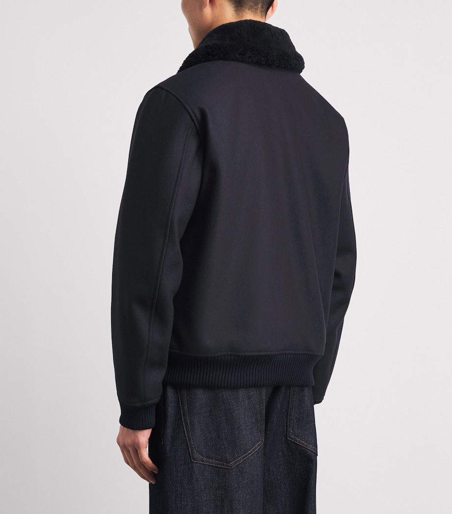 Sandro Paris Mens Wool-Blend Shearling Collar Aviator Jacket Navy Blue Image 5